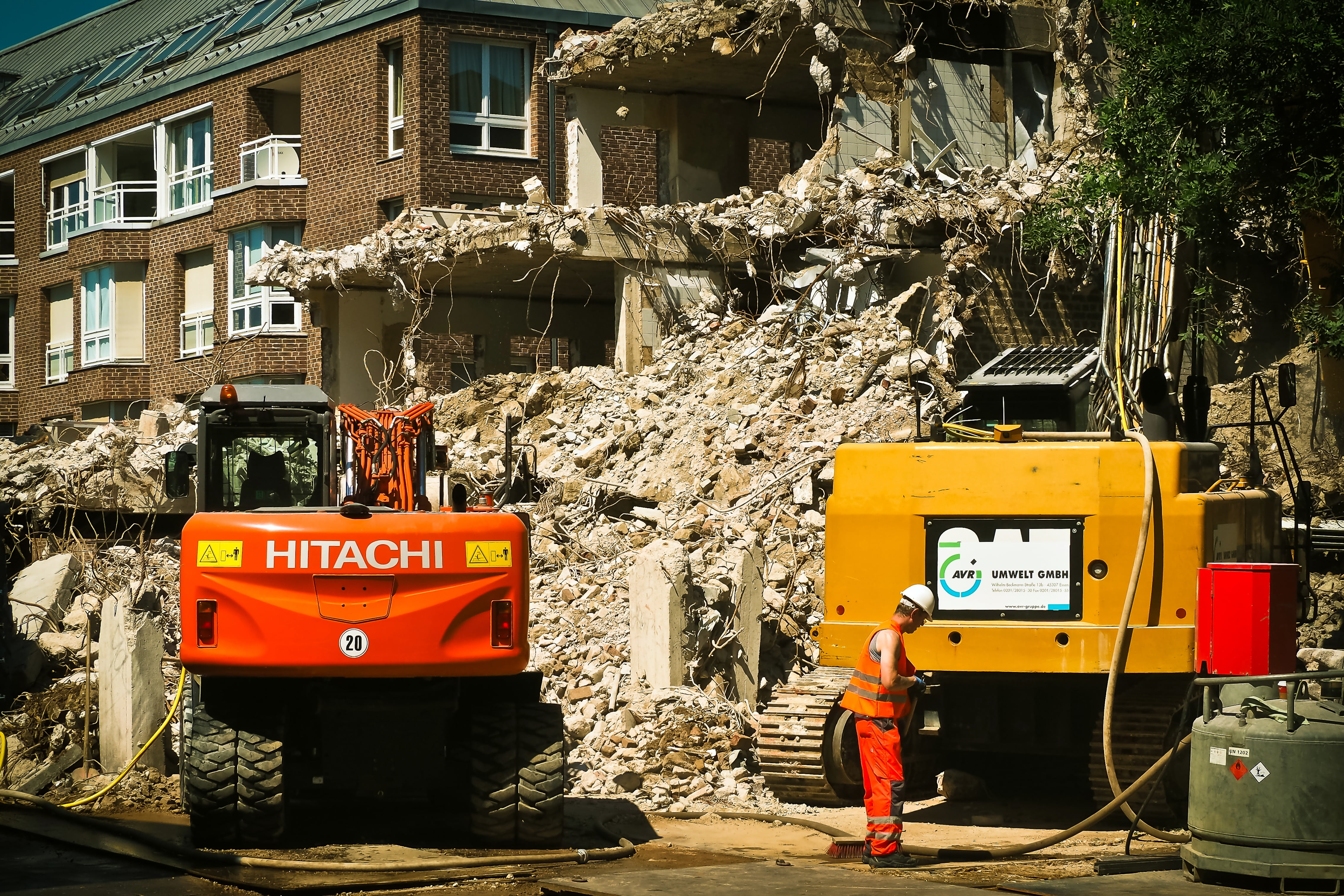 hard, excavators, architecture, construction vehicle, construction work, demolition, home, orange, city, plant, built structure, debris, building rubble, HD Wallpaper