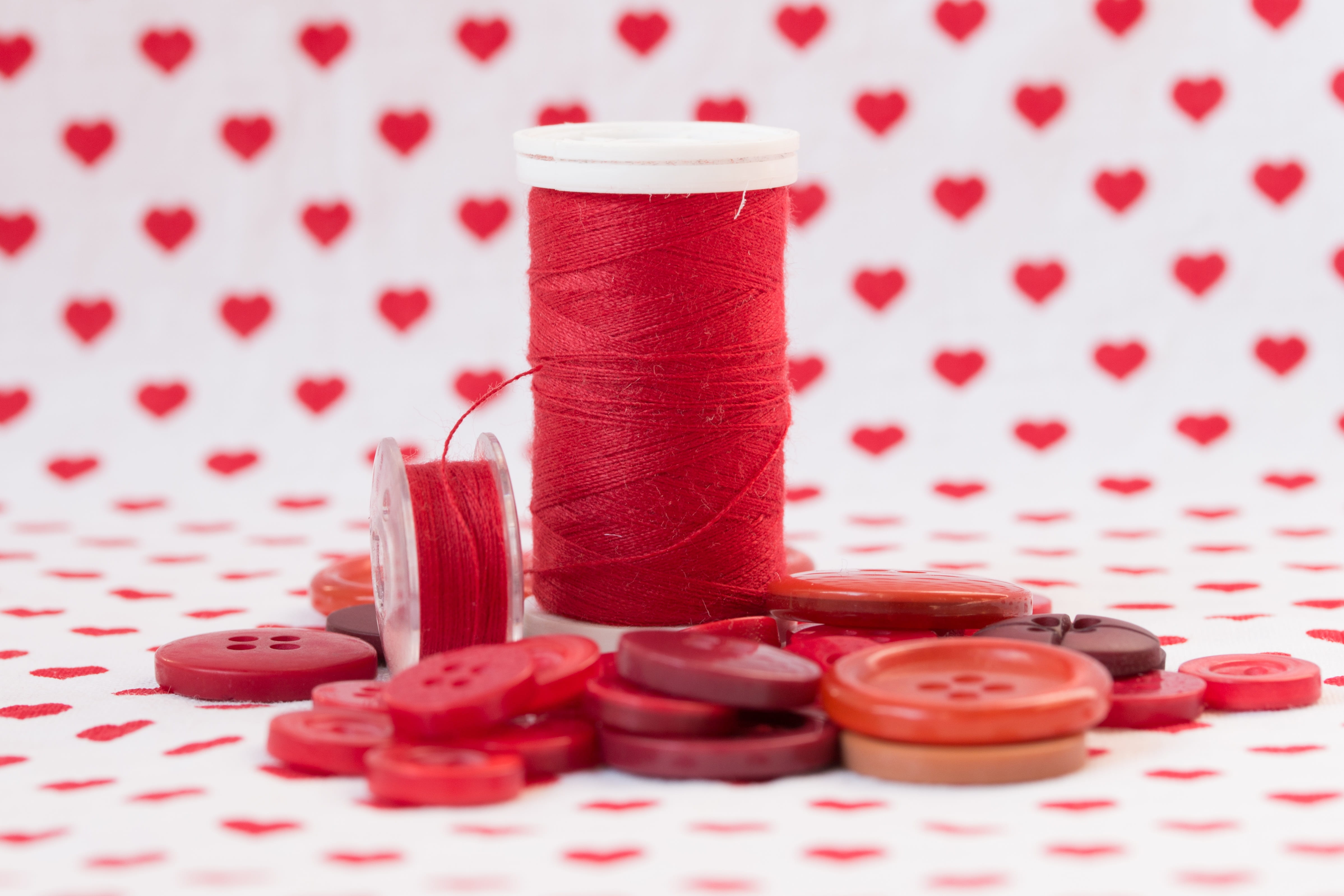 sewing, thread, two, tablecloth, hearts, close-up, indoors, candy, food and drink, paper, large group of objects, 4K, valentines day - holiday, still life, HD Wallpaper