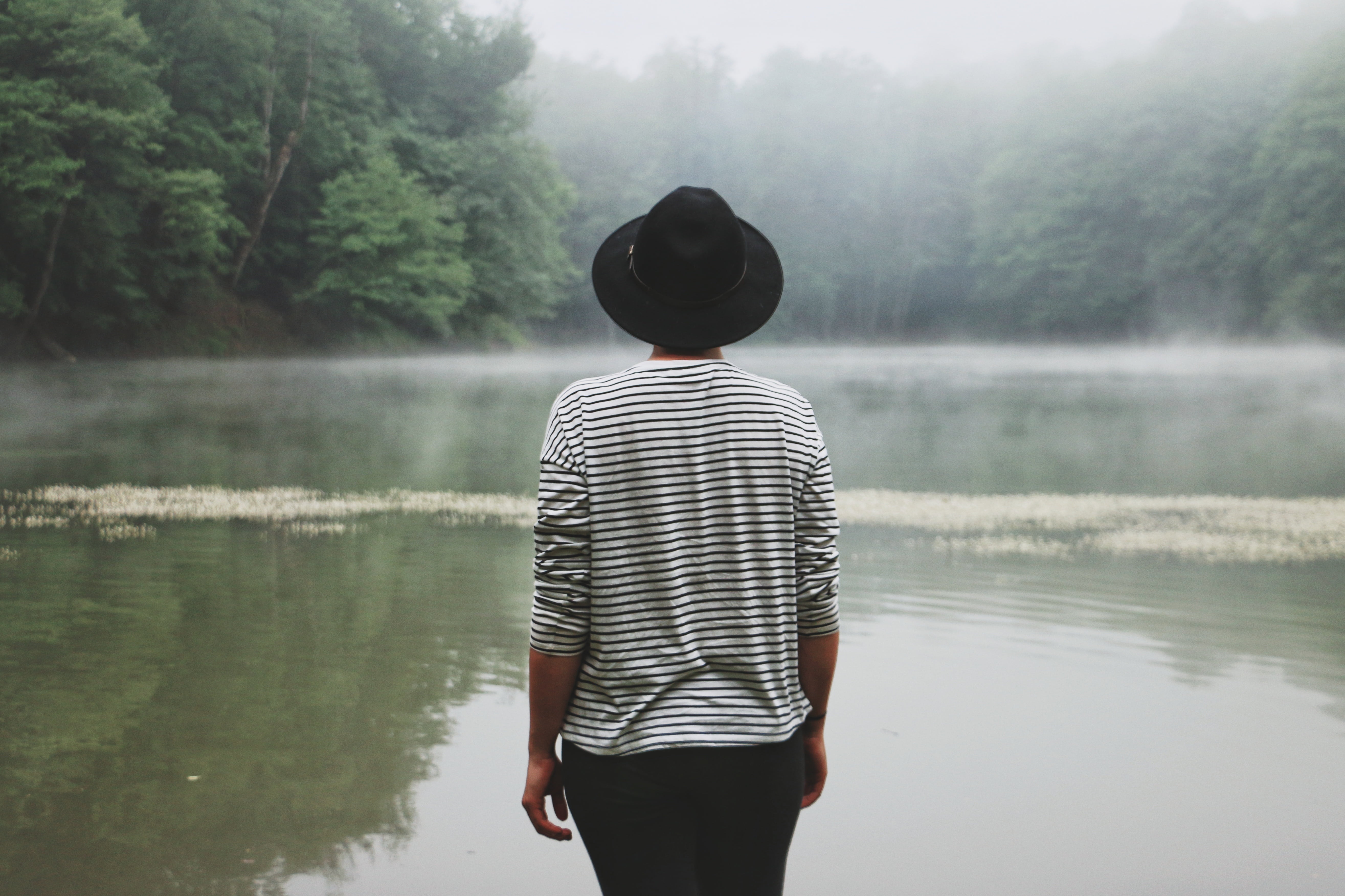 reflection, one Person, women, person, teenager, striped, man, standing, weather, trees, fog, plant, cold, people, lake, nature, near, body, clothing, looking at view, HD Wallpaper