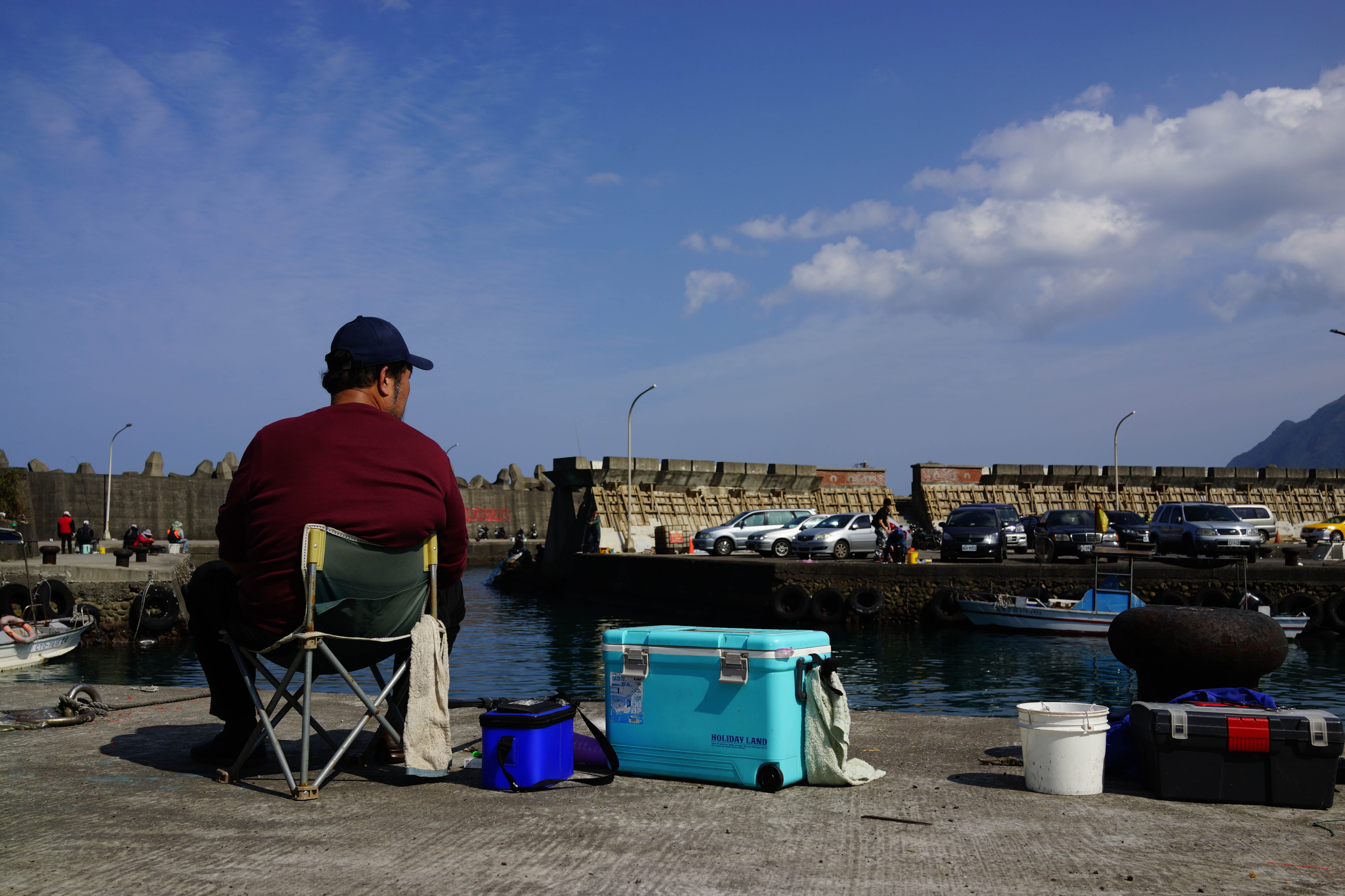 outdoors, fishing industry, harbor, men, sitting, rear view, beach, waiting, unemployment, 5K, asian, keelung, built structure, taiwan, fisherman, nautical vessel, HD Wallpaper