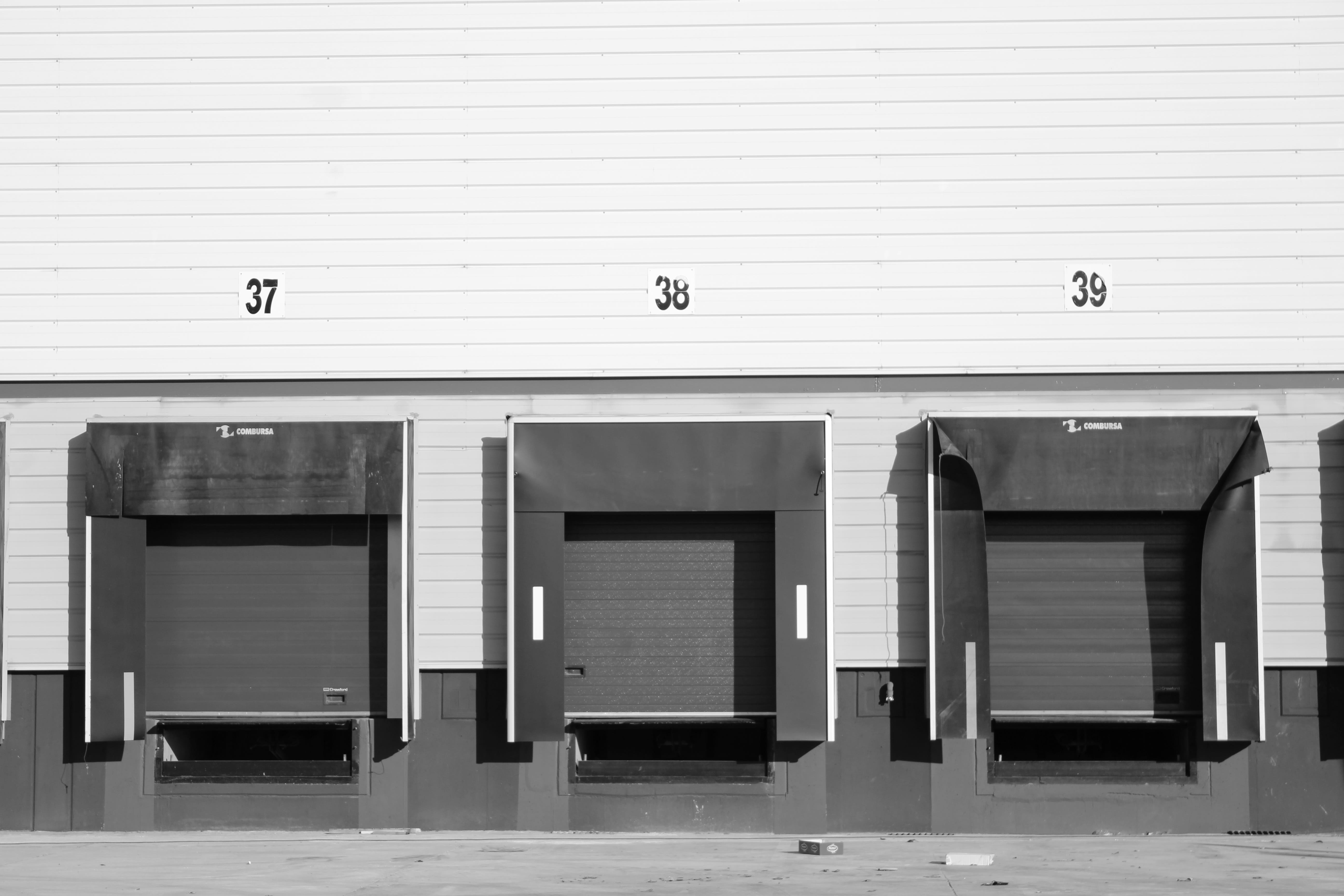 Springs, shop, white color, window, building, houses, logistics park, black, safety, sunlight, entrance, Warehouse, logistics platform, garage, industrial ship, HD Wallpaper