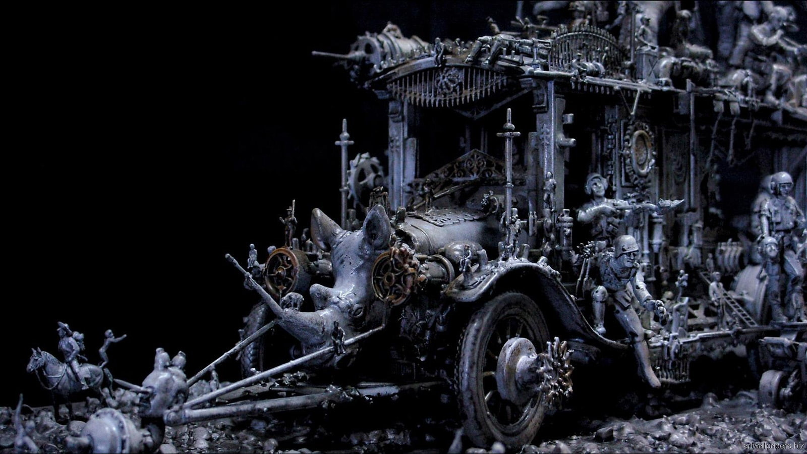 Sculptures, studio shot, Kris, sci, built structure, land vehicle, no people, outdoors, art, night, 720P, Kuksi, metal, wheel, industry, fi, mode of transportation, HD Wallpaper