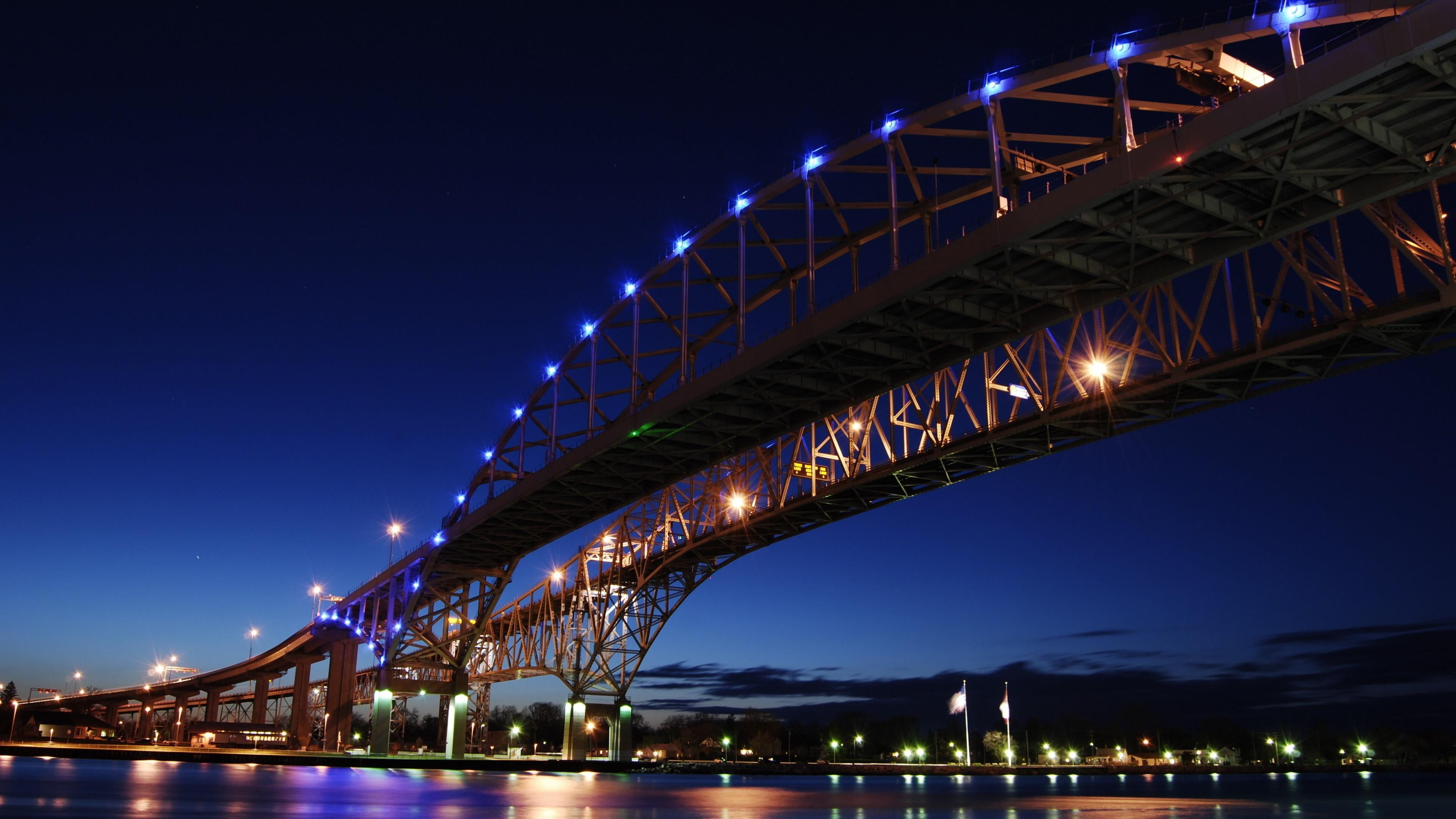 bridge - man made structure, light, structure, river, michigan, night, travel destinations, building exterior, st. clair river, united states, engineering, HD Wallpaper