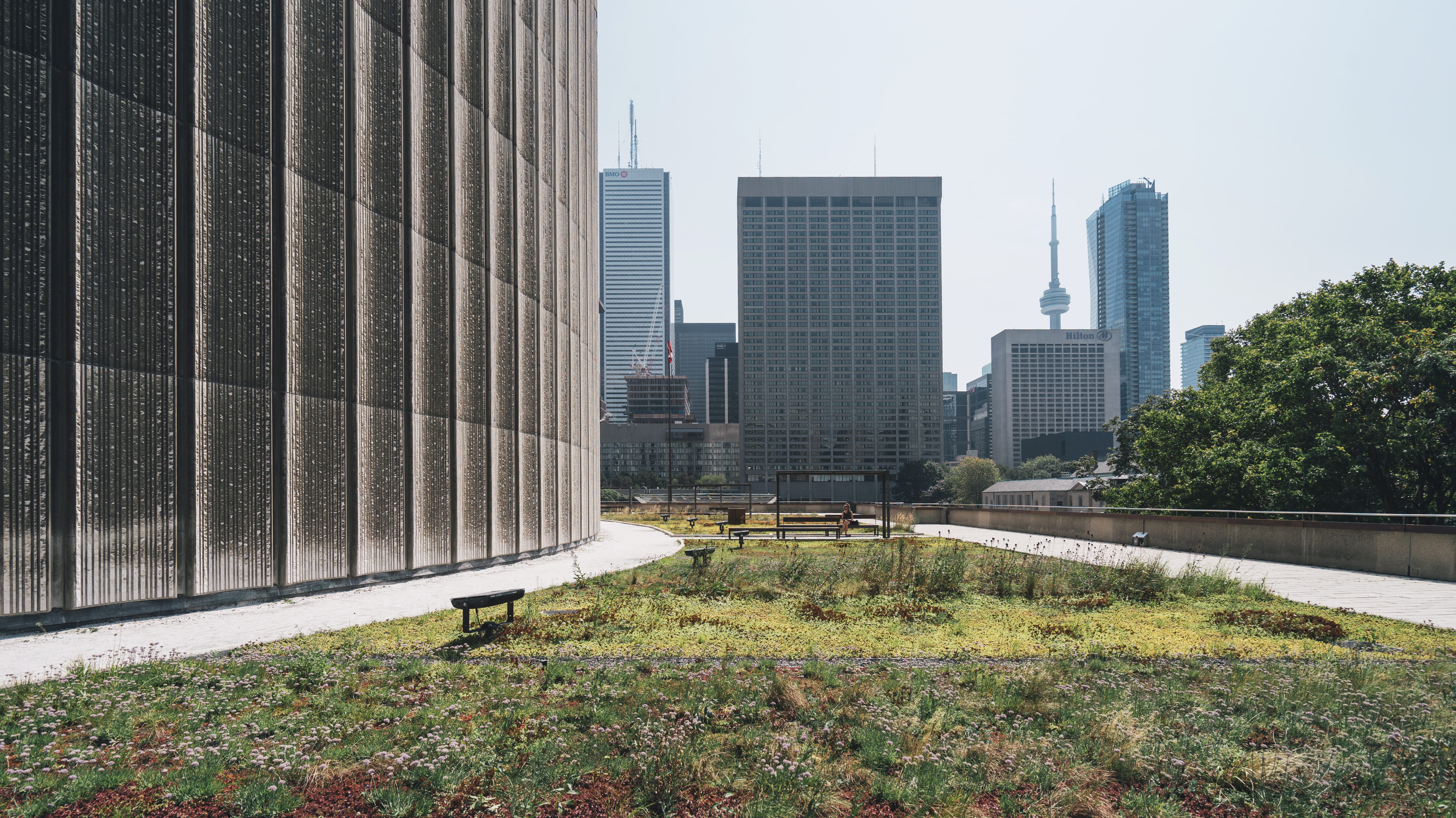 5K, finance, bench, perspective, building, outdoors, facade, Toronto, architecture, clear sky, glass windows, financial district, offices, travel destinations, HD Wallpaper