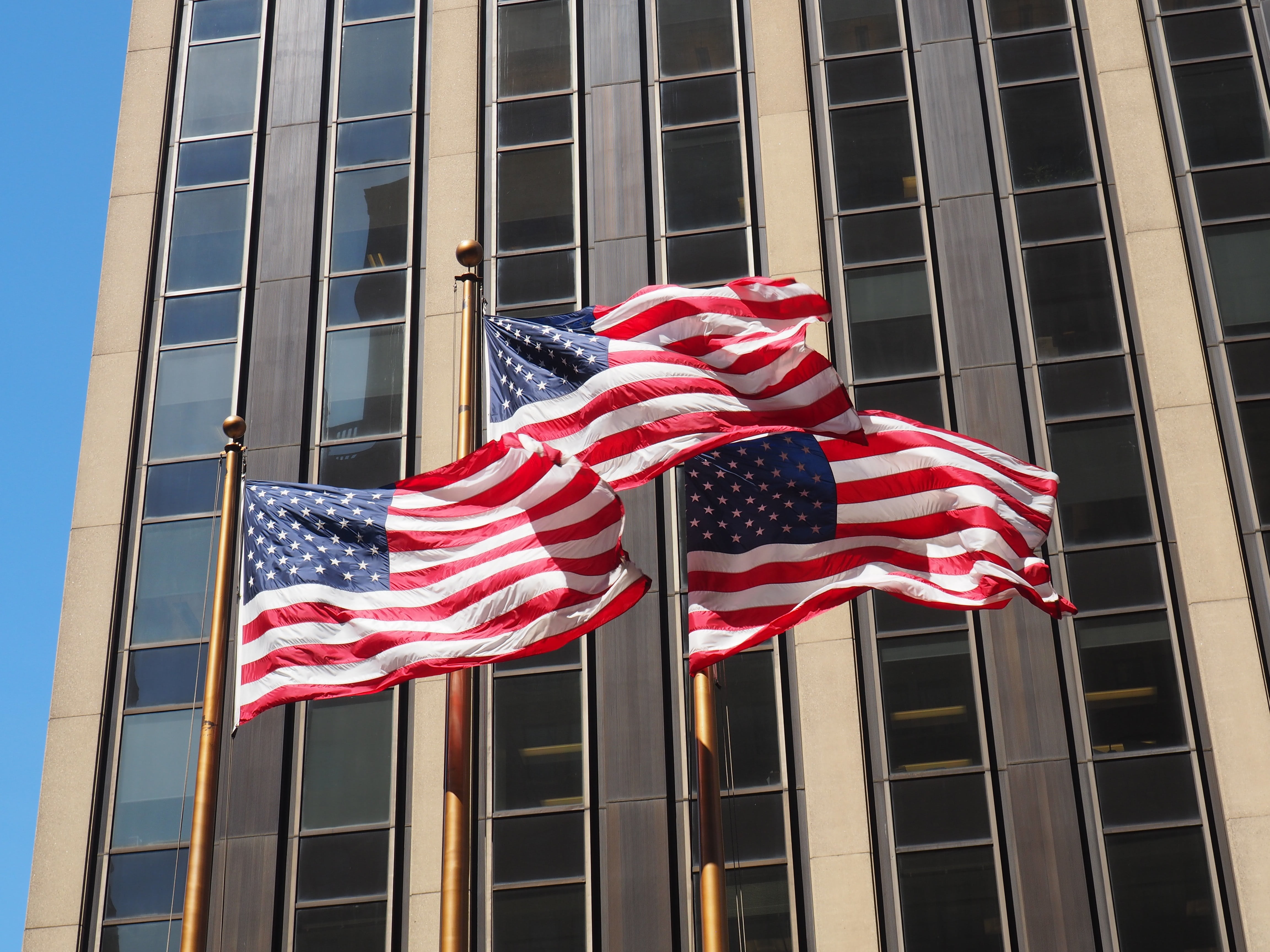 architecture, shape, national icon, low angle view, patriotism, usa, flags, glass - material, independence, flag, 4K, day, outdoors, building exterior, HD Wallpaper