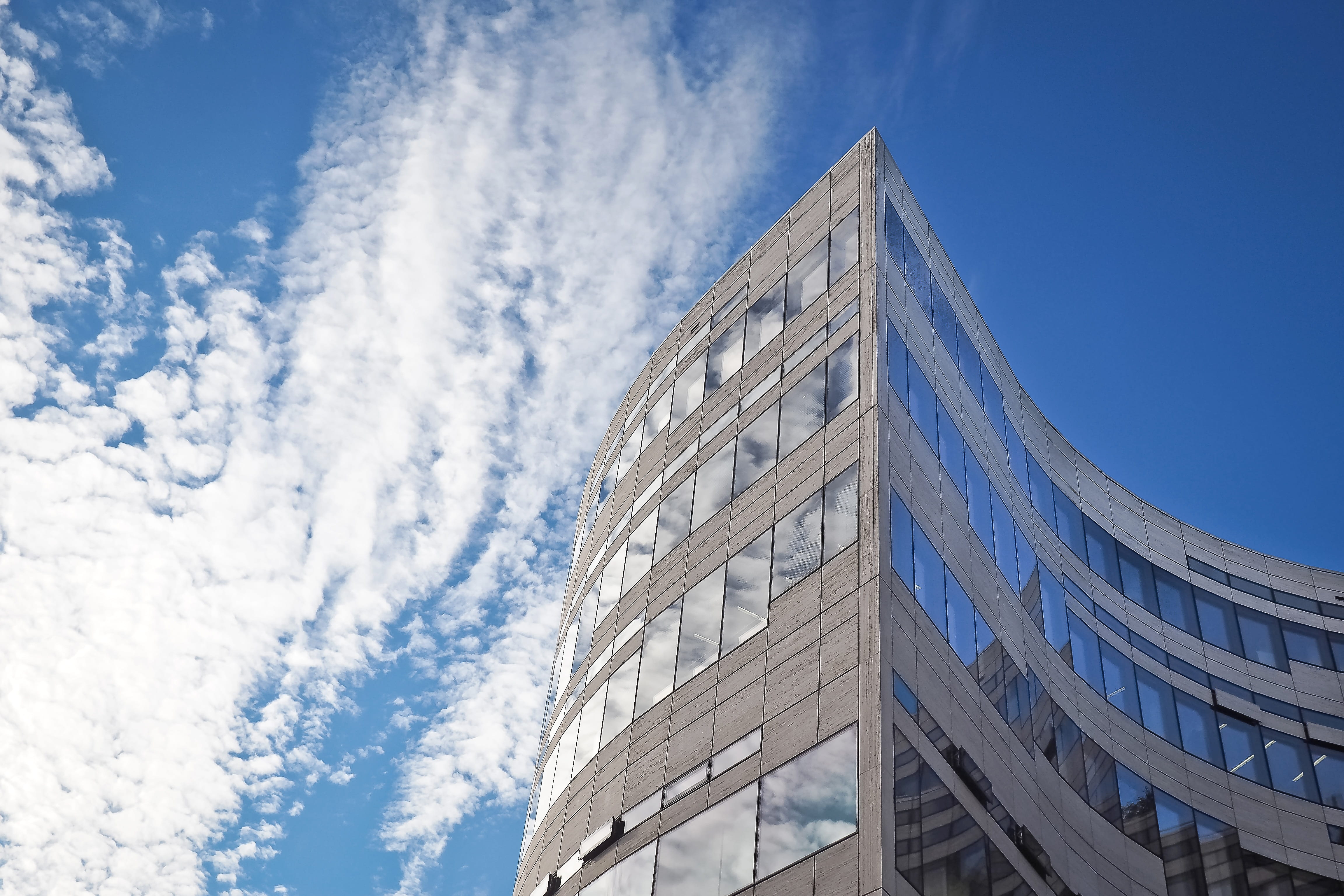 low angle view, high, blue, no people, office building exterior, outdoors, window, day, structure, reflection, design, office, 4K, low angle shot, exterior, HD Wallpaper