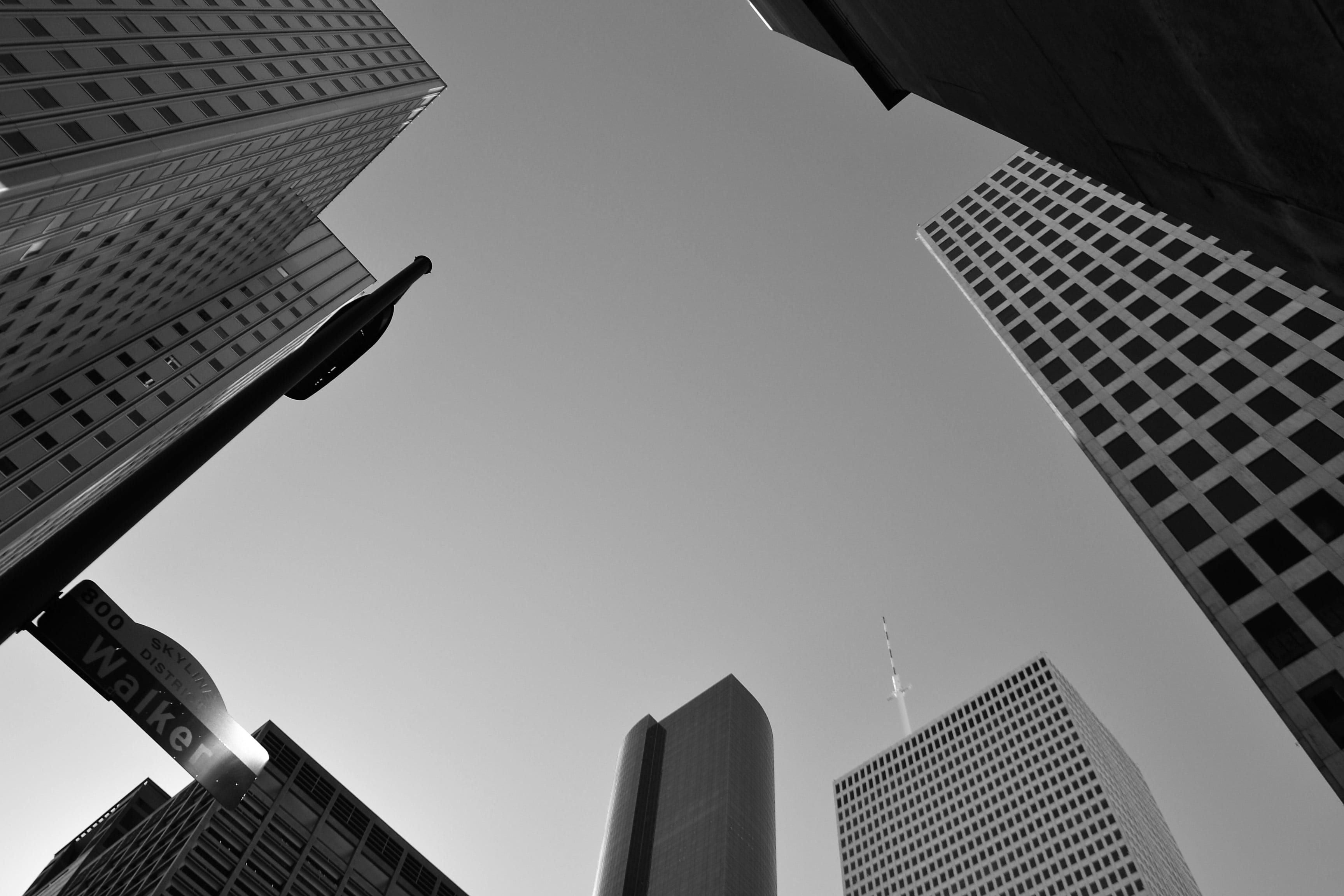 building, sky, downtown, low, modern, tall, surrounded, communications, no people, artistic, photography, city, perspective, directly below, travel destinations, HD Wallpaper