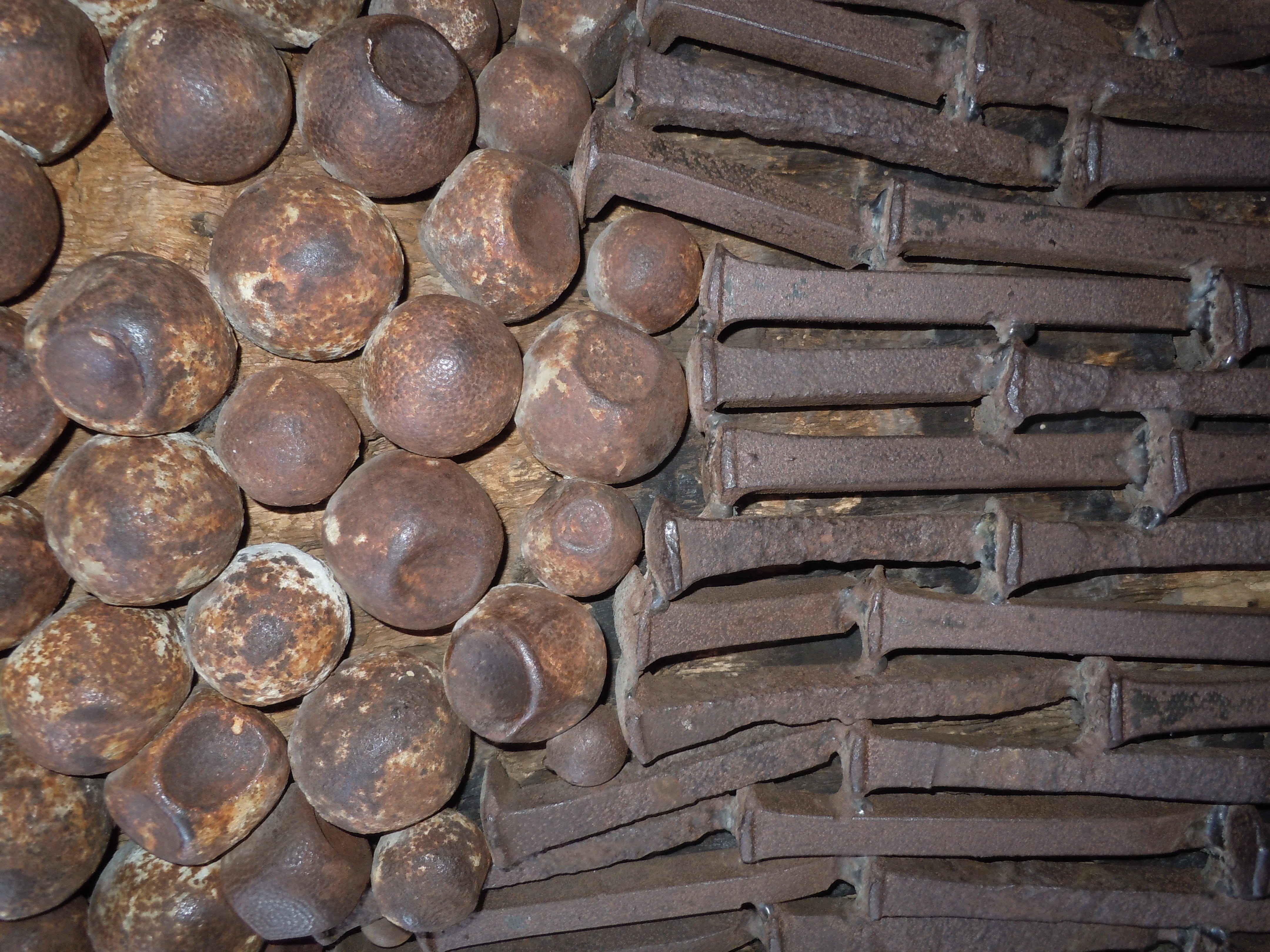 day, Railroad Spikes, solid, outdoors, Metal, large group of objects, shape, textured, close-up, wall - building feature, brown, wood - material, nails, HD Wallpaper