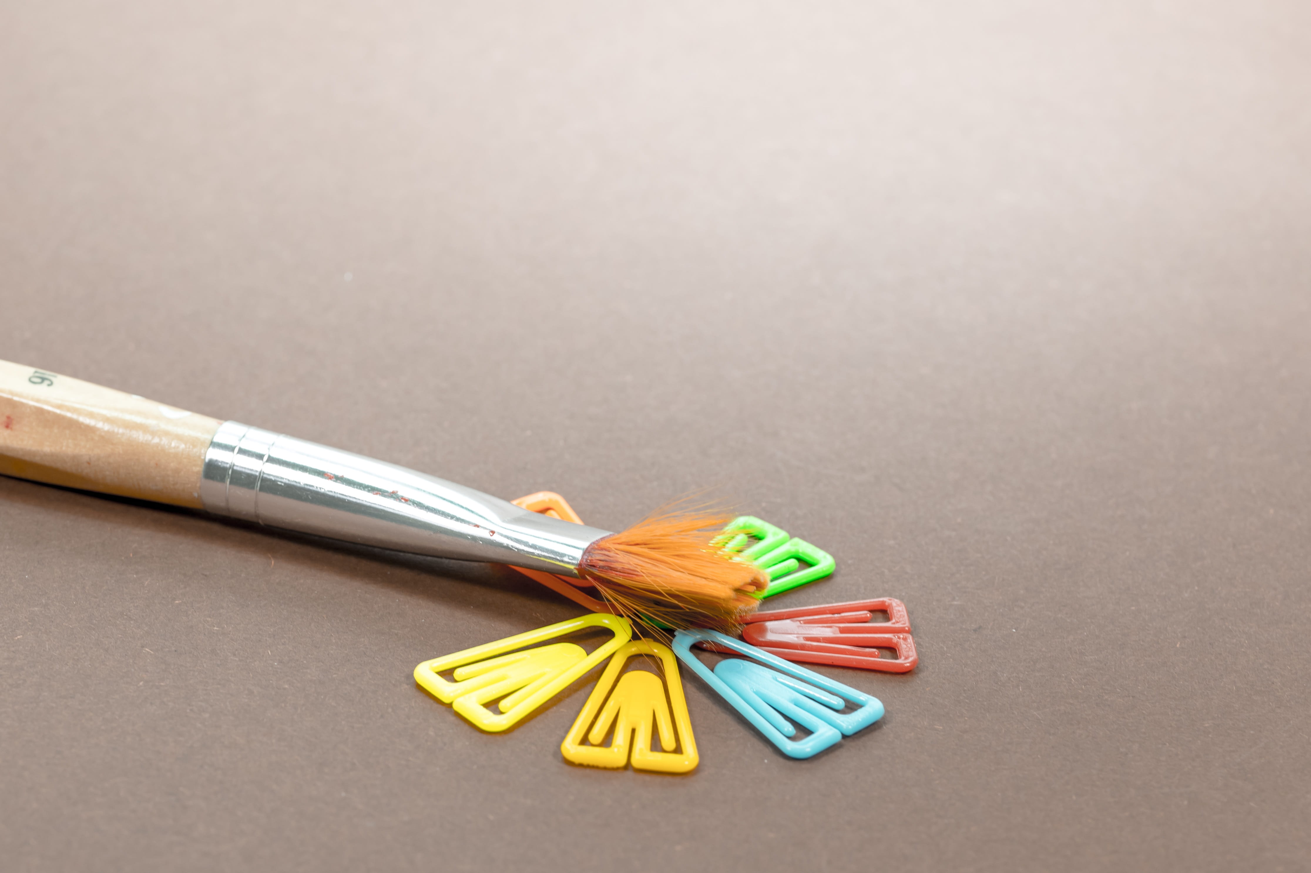 group of objects, office accessories, Brush, image, macro photo, education, equipment, watercolour, 4K, gray background, copy space, indoors, Paint, draw, HD Wallpaper