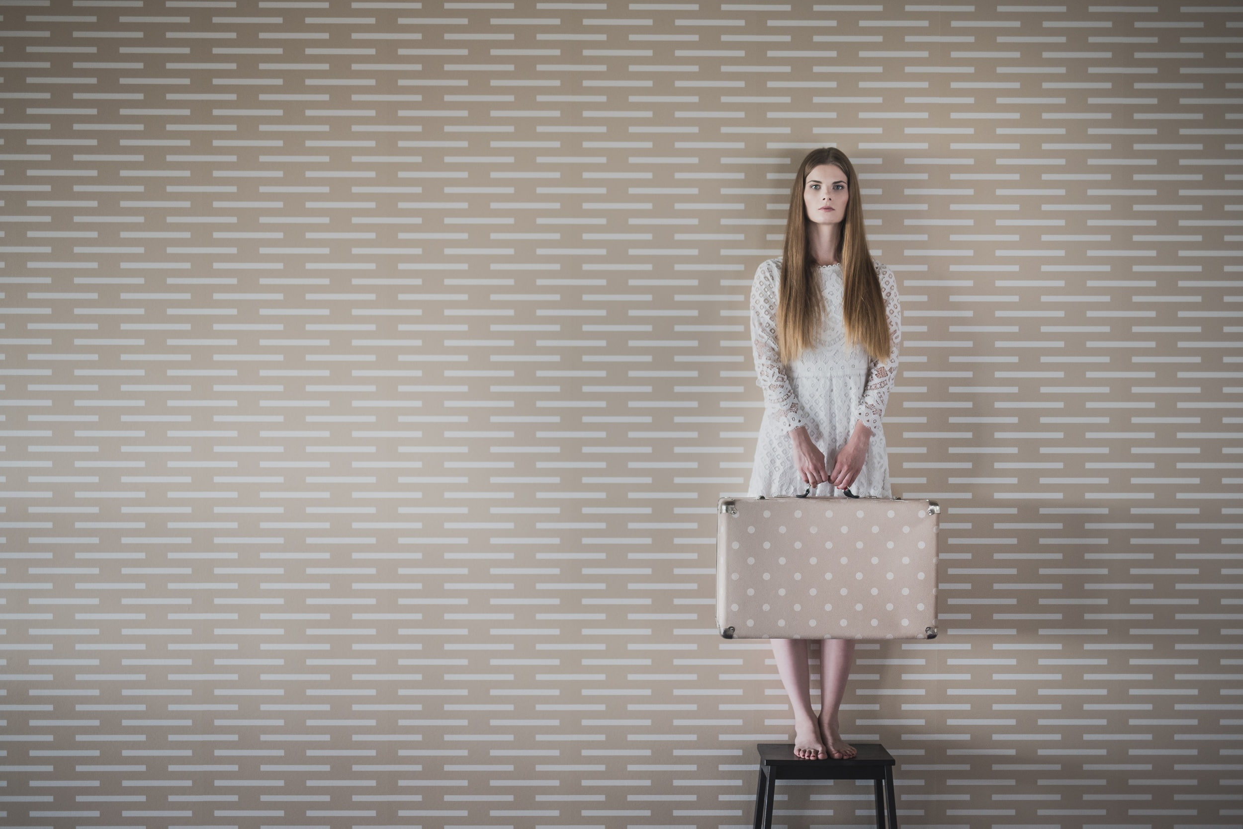 barefoot, white dress, suitcase, dress, 1080P, women, long hair, texture, HD Wallpaper