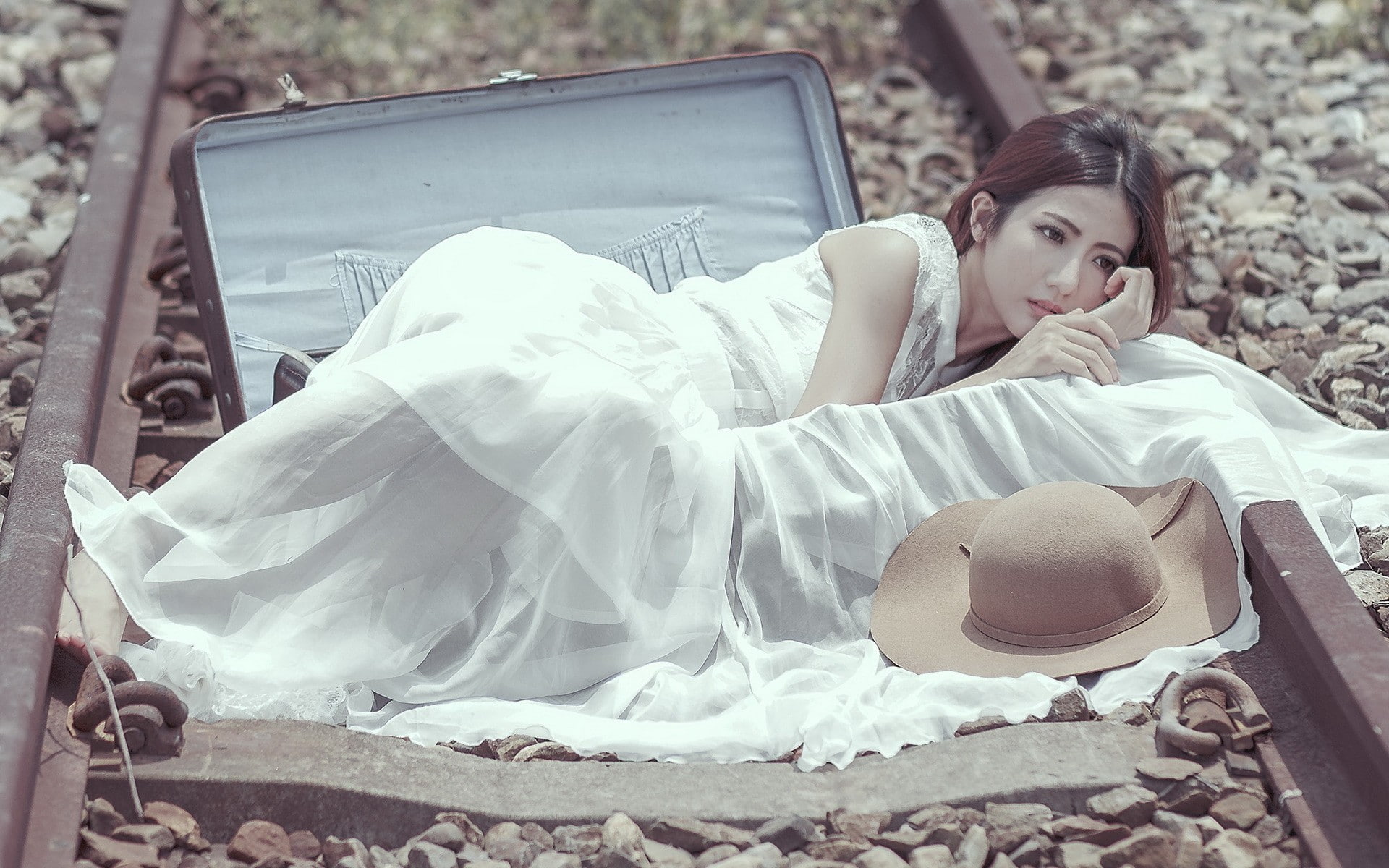 railway, Asian, 1080P, white dress, stones, model, suitcase, brunette, women outdoors, long hair, women, hat, HD Wallpaper