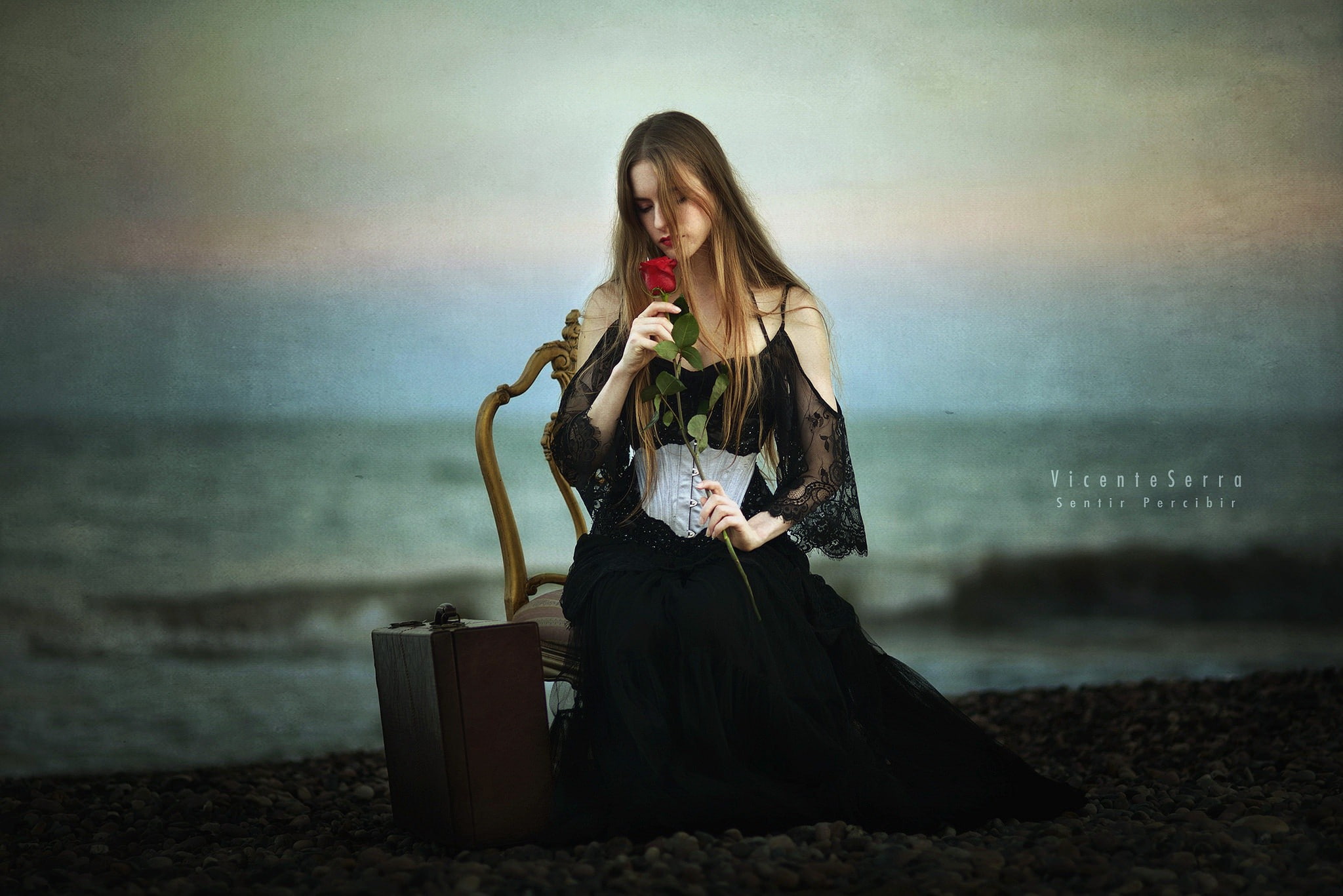 communication, luggage, horizon, hairstyle, 1080P, depression - sadness, beautiful woman, sea, one person, young adult, standing, suitcase, full length, HD Wallpaper