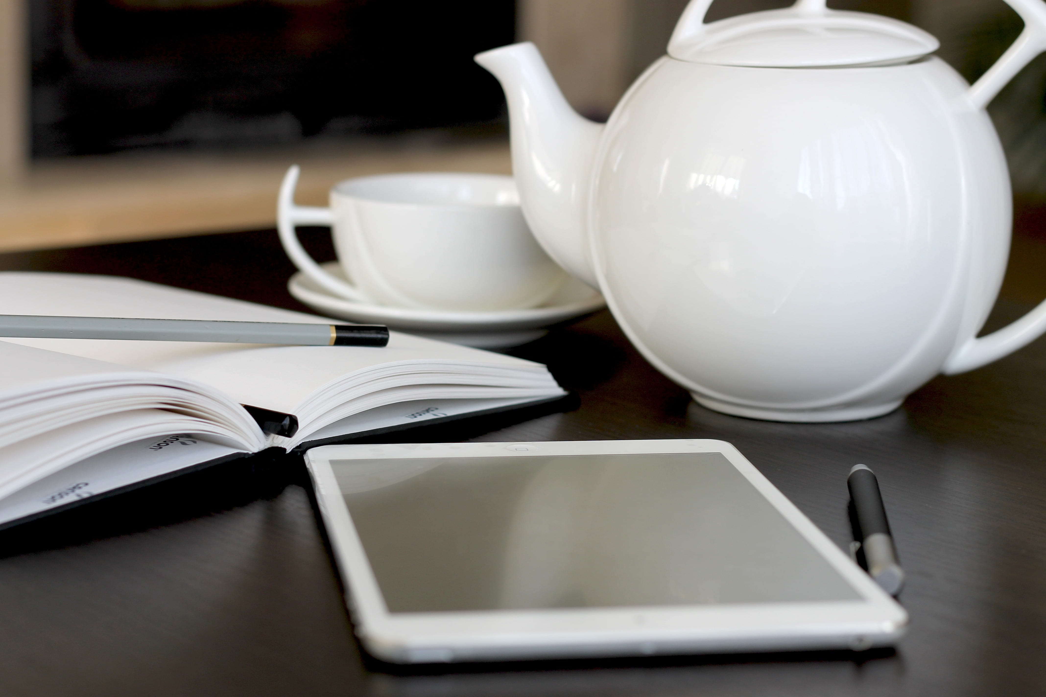 white, indoors, book, cup, communication, photo, hot drink, pen, 4K, mug, food and drink, publication, tea pot, still life, tea cup, no people, notepad, HD Wallpaper