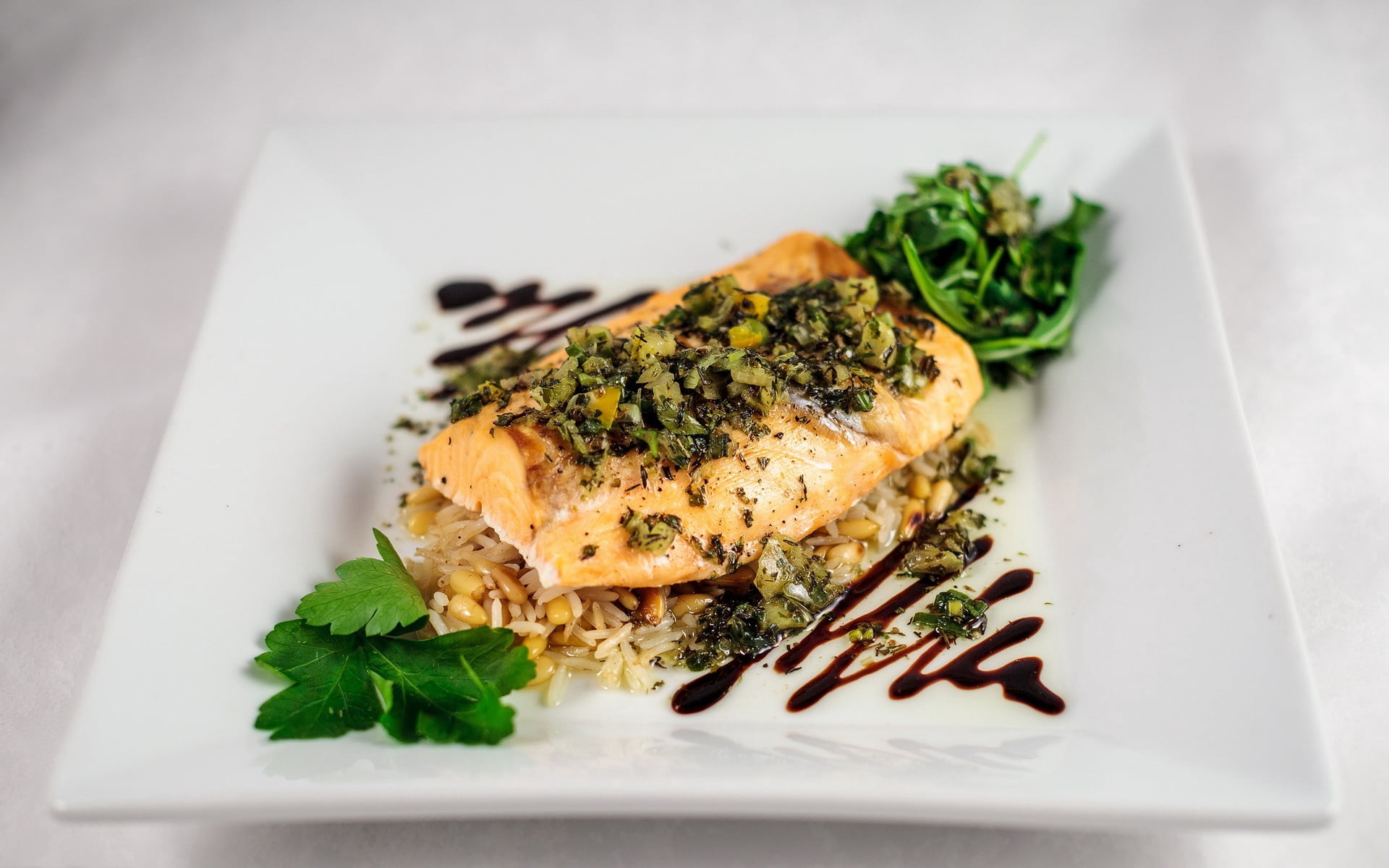 prepared Fish, herb, grilled, restaurant, gourmet, wellbeing, coriander, dinner, ready-to-eat, meal, indoors, crockery, temptation, 1080P, food And Drink, HD Wallpaper