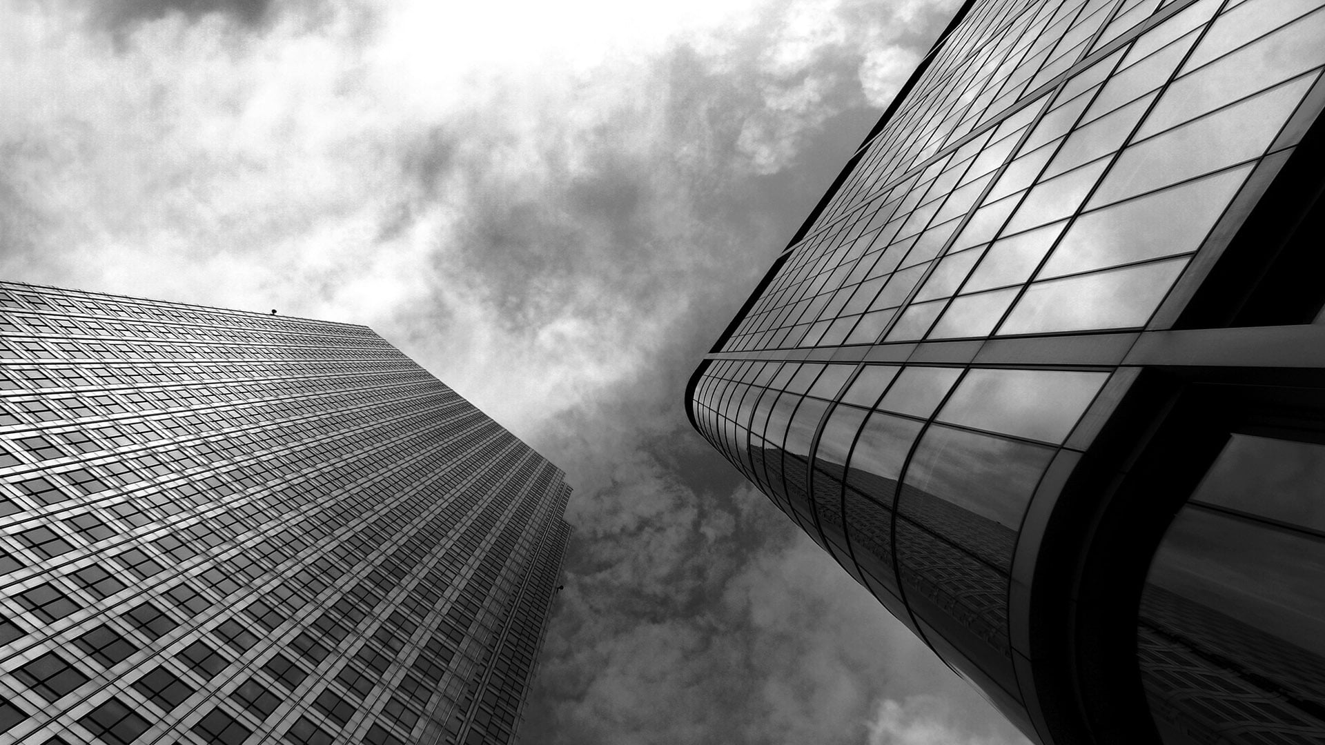 1080P, high, concrete, commercial, buildings, cityscape, architecture, built structure, center, perspective, nature, glass, directly below, business, tower, HD Wallpaper