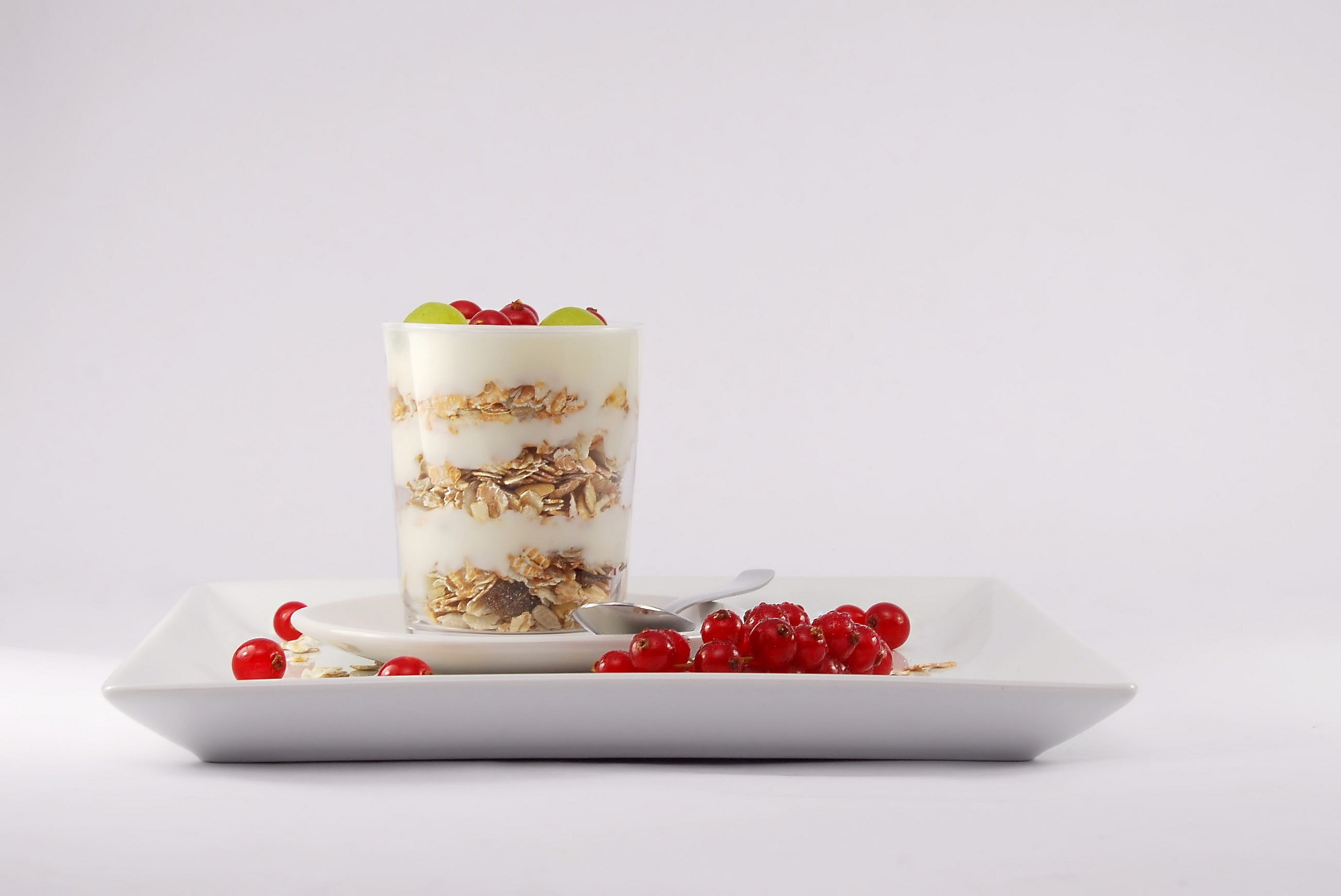 ice cream, glass, nutrition, no people, fruit, red, cornflakes, berry fruit, food, plate, cranberry, currants, raisins, porcelain, yogurt, spoon, still life, HD Wallpaper