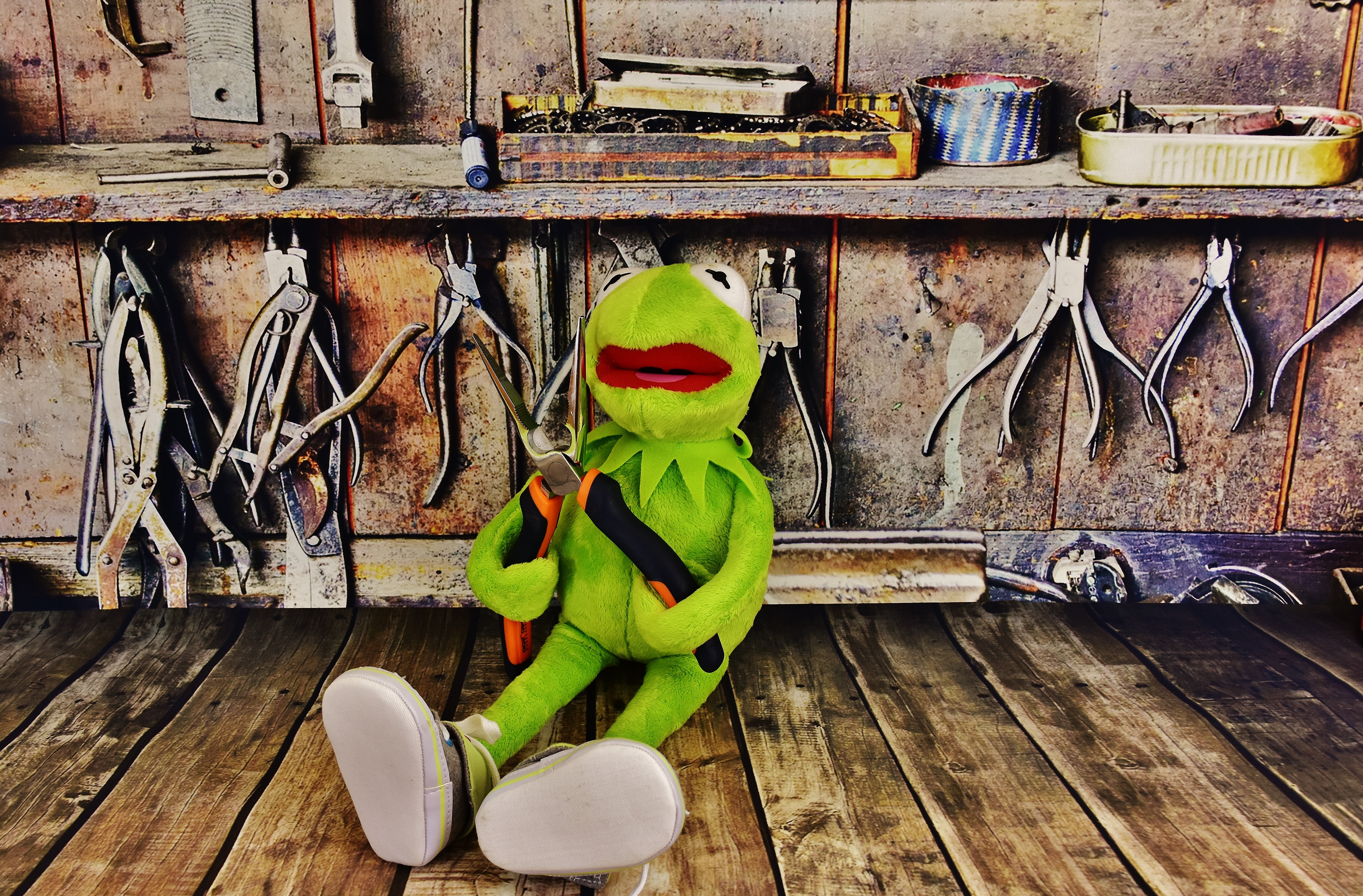 toy, no people, plush, bottle, workshop, kermit, work funny, pliers, shelf, craft, container, seat, sitting, parquet, indoors, frog, one person, day, table, HD Wallpaper