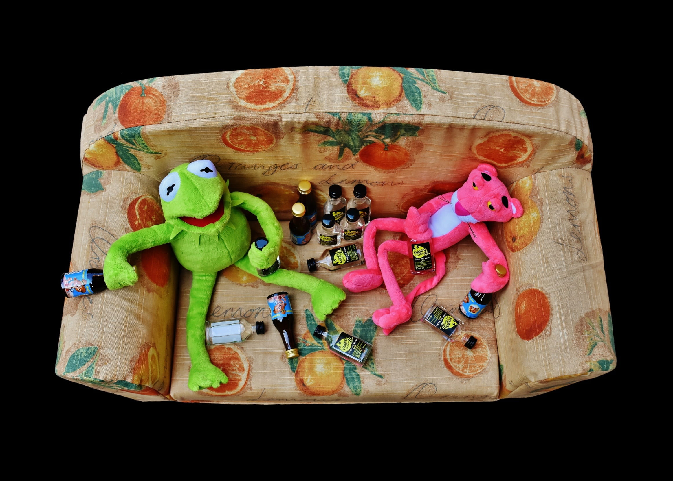 high angle view, toys, panter, multi colored, pink, black background, art and craft, close-up, frog, still life, fun, 1080P, bottles, drink, funny, panther, HD Wallpaper