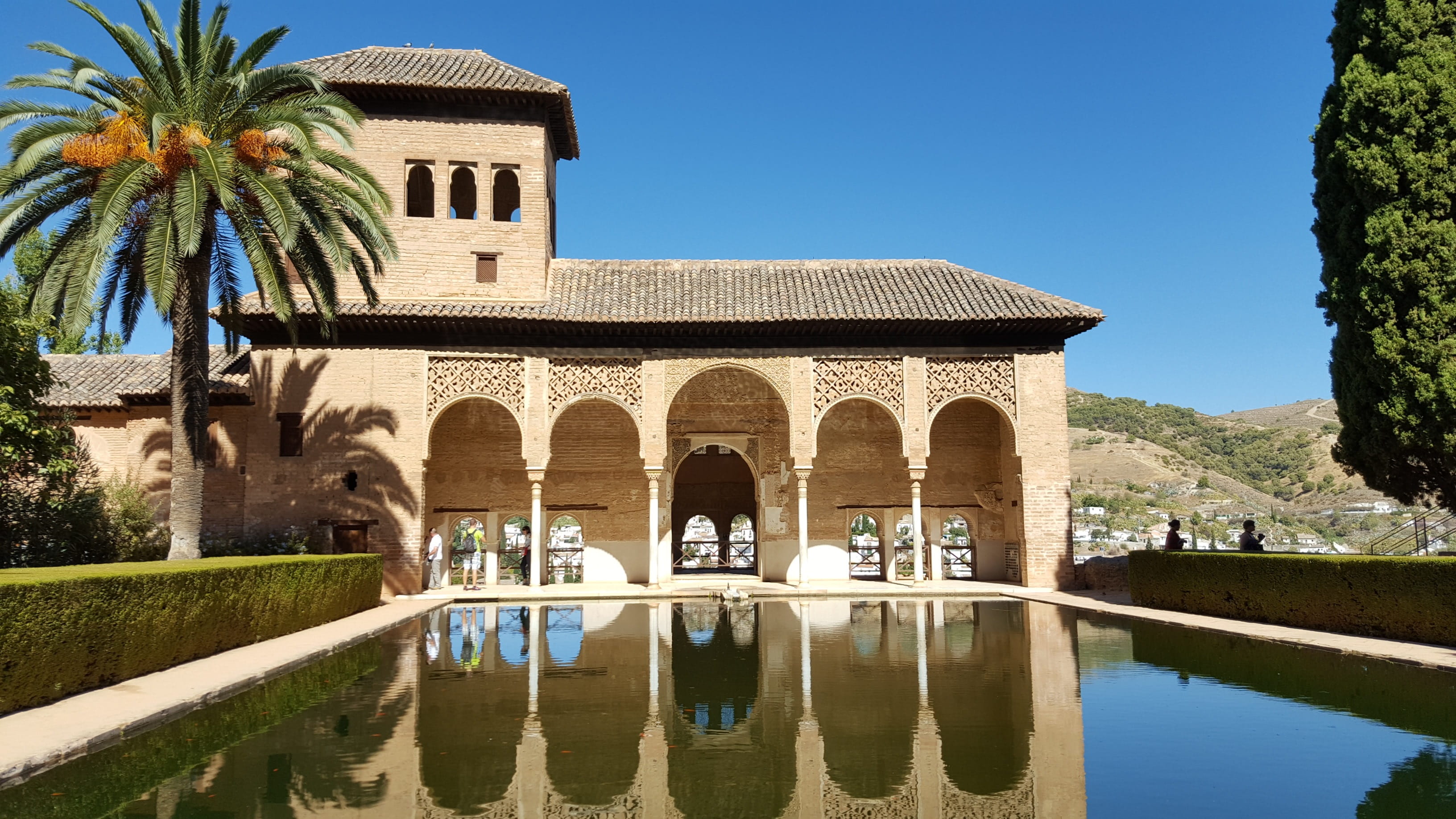 arch, outdoors, pond, architecture, travel destinations, clear sky, palm tree, water, the past, granada, tree, alhambra, building exterior, andalusia, building, HD Wallpaper