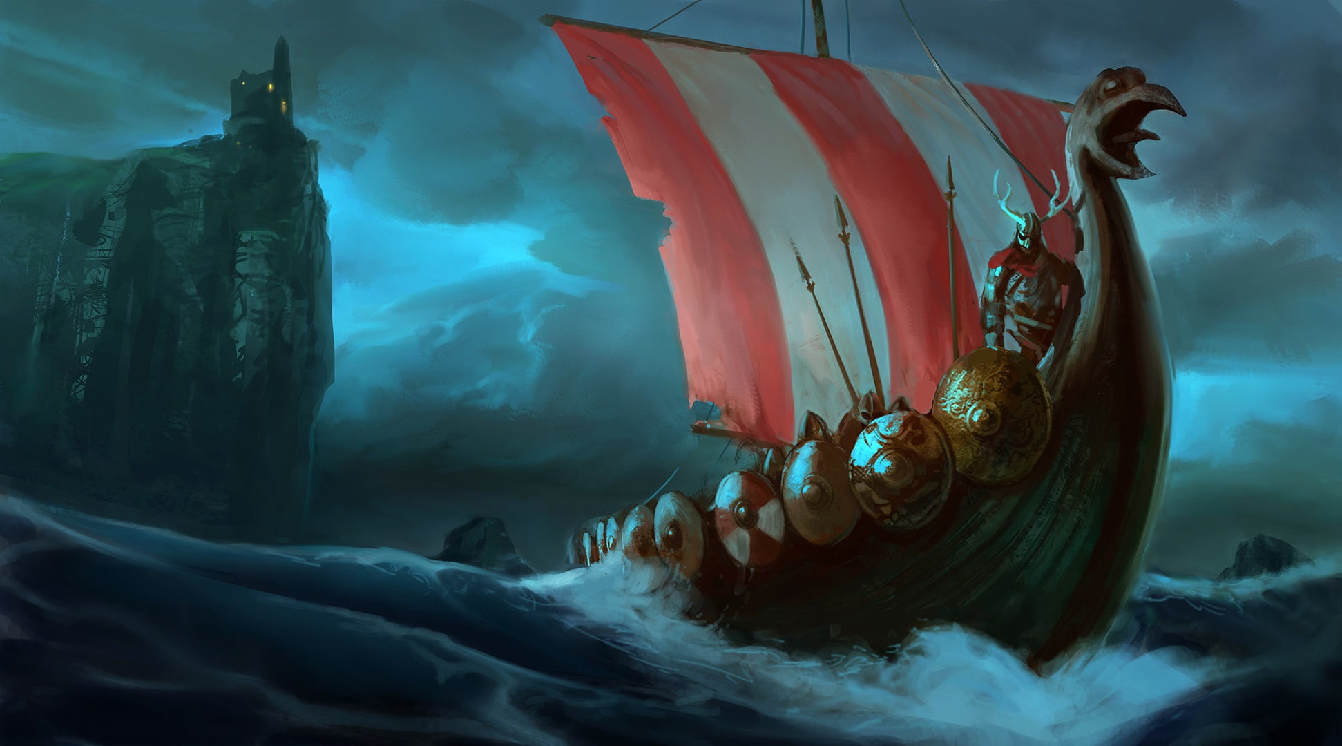 warrior, castle, ship, sailor, weapons, fortress, lances, shields, fantasy art, waves, fantasy, 1080P, pearls, artwork, Vikings, Jon Gregerson, horns, HD Wallpaper