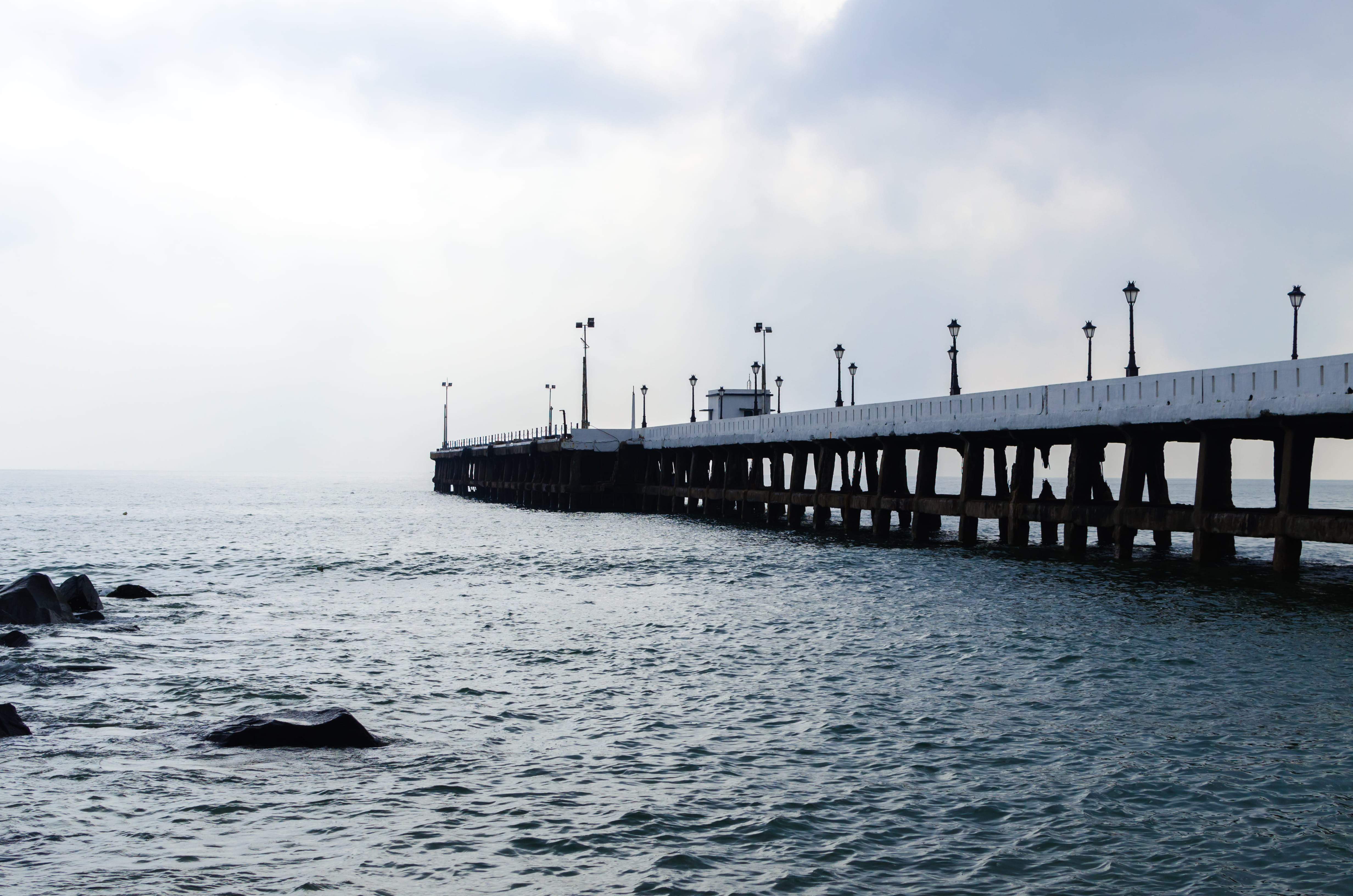 scenics - nature, nature, nautical vessel, rocks, water, freight transportation, 4K, waterfront, cloud - sky, puducherry, transportation, india, rock beach, HD Wallpaper