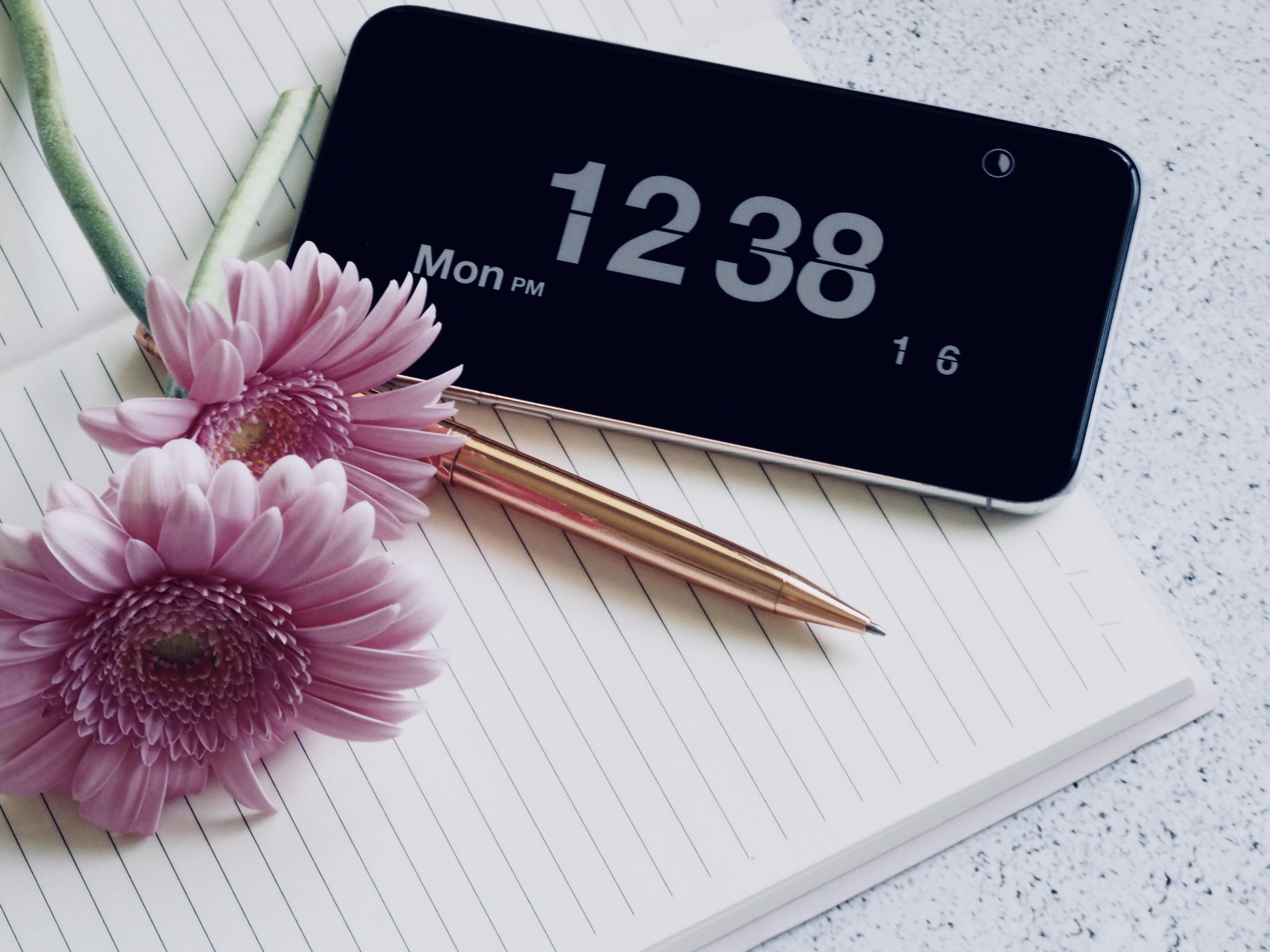no people, detail, closeup, flowering plant, mobile phone, flower head, daisies, purple, write, book, accessories, clock, flower, western script, iphone, HD Wallpaper