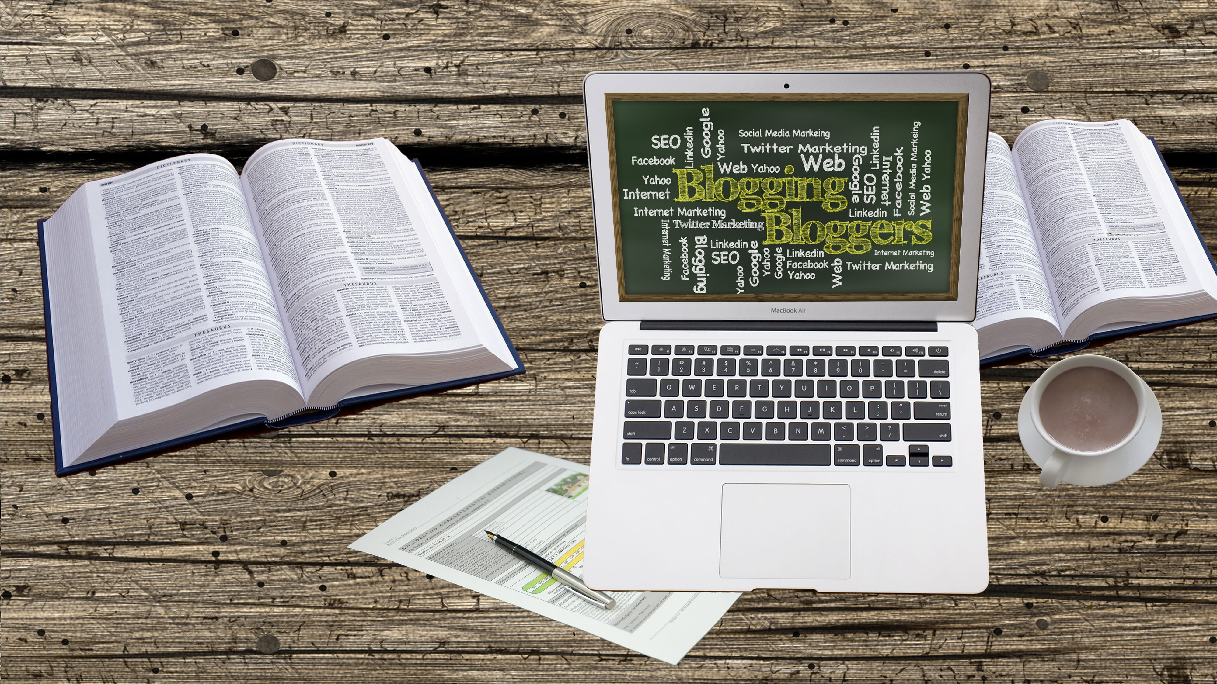 notebook, laptop, office, cup, technology, keyboard, social media, book, computer, table, portable, communication, text, connection, collage, open, workstation, HD Wallpaper