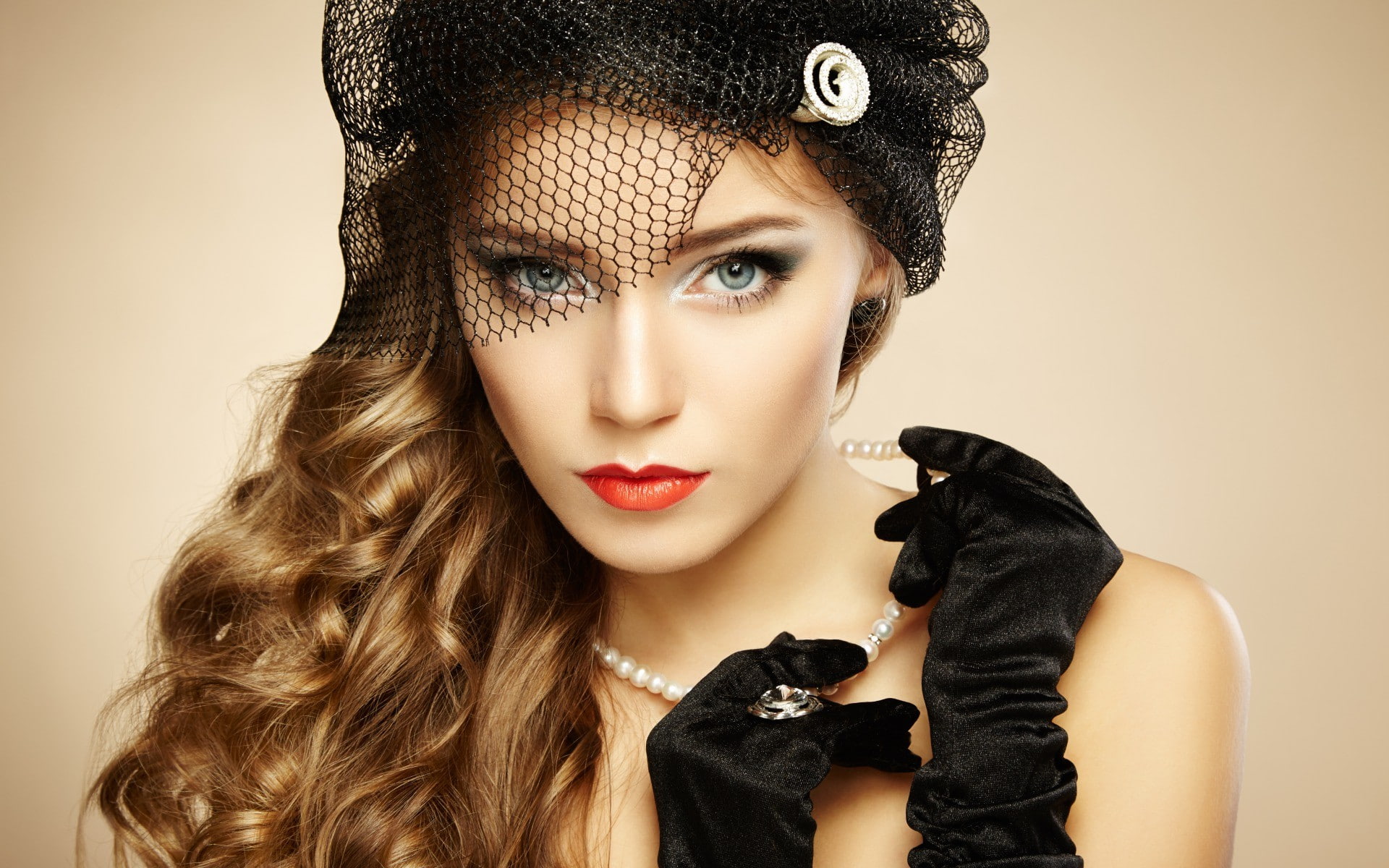 Woman, Pearl, Glove, Arina Postnikova, Blue Eyes, Hat, Women, 1080P, Curl, Blonde, Girl, Lipstick, HD Wallpaper