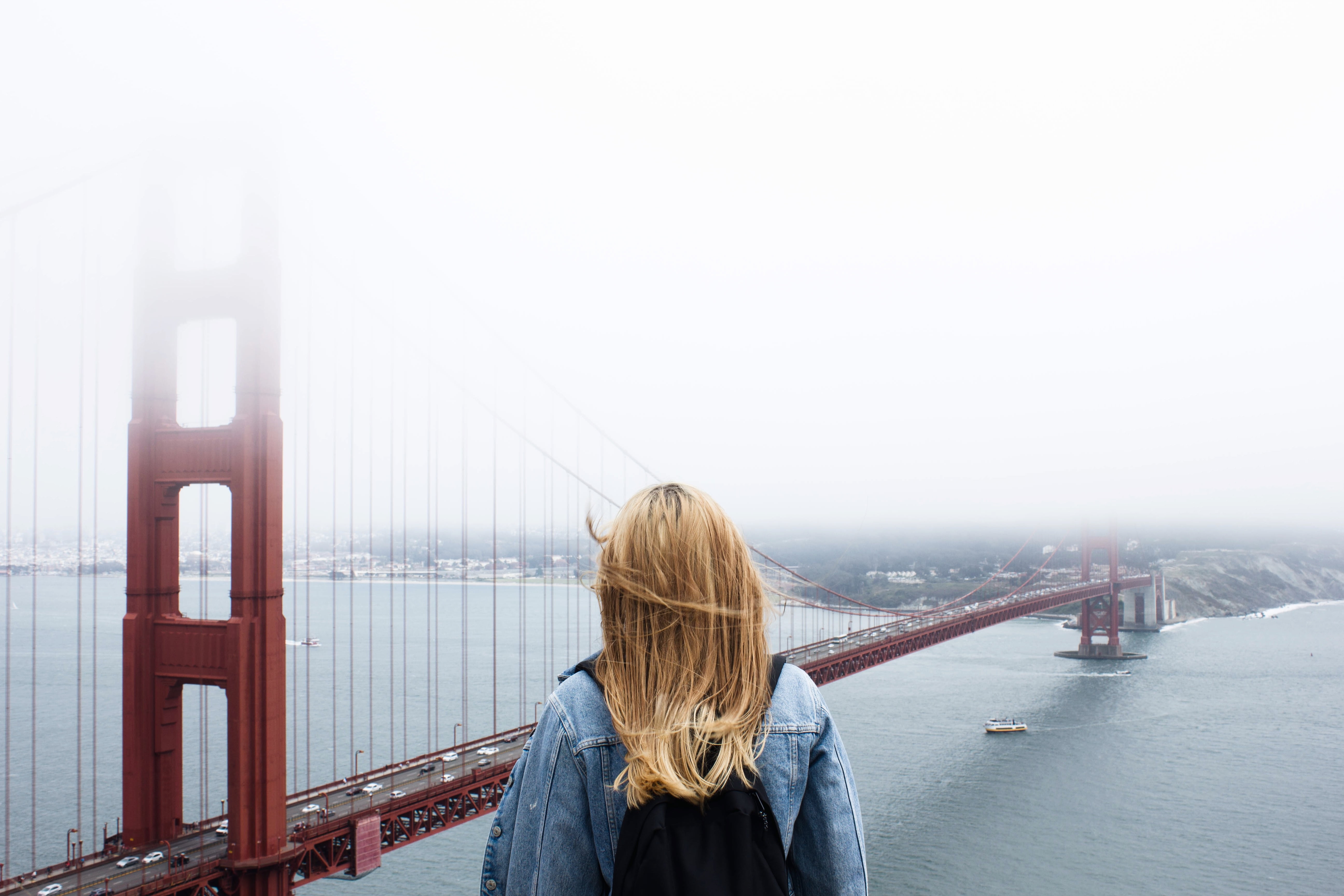 blond hair, bridge, infrastructure, adults only, building exterior, adult, hairstyle, hair, golden, near, landscape, sea, transportation, one person, travel destinations, HD Wallpaper