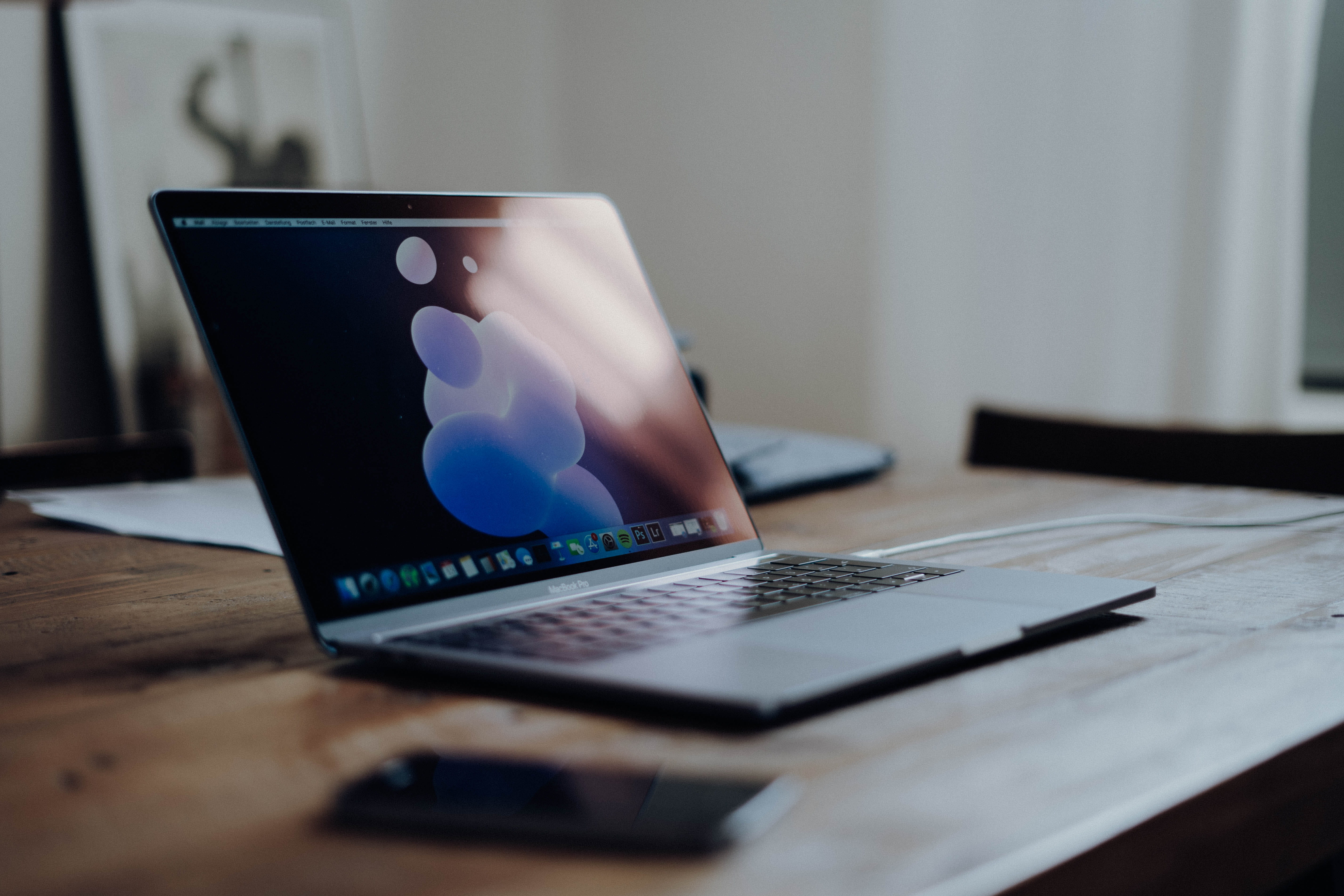 laptop, macbook, telephone, desk, wooden, screen, indoors, data, cup, bokeh, no People, pro, computer Monitor, mobility, 5K, work, communication, computer Keyboard, HD Wallpaper