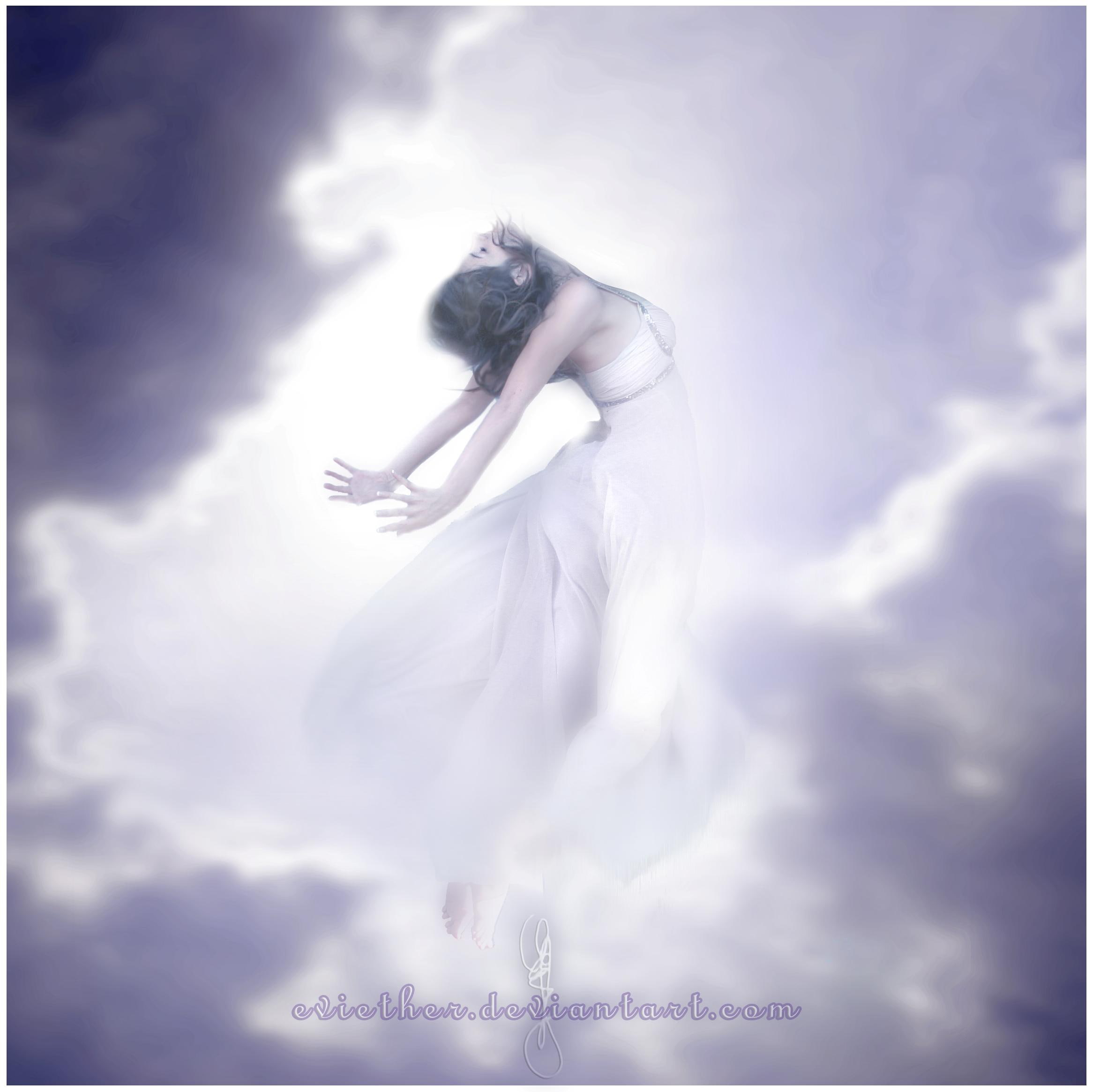 white, clouds, lady, 1080P, blue, 3d and abstract, woman, safe, dress, now, fantasy, poster, HD Wallpaper