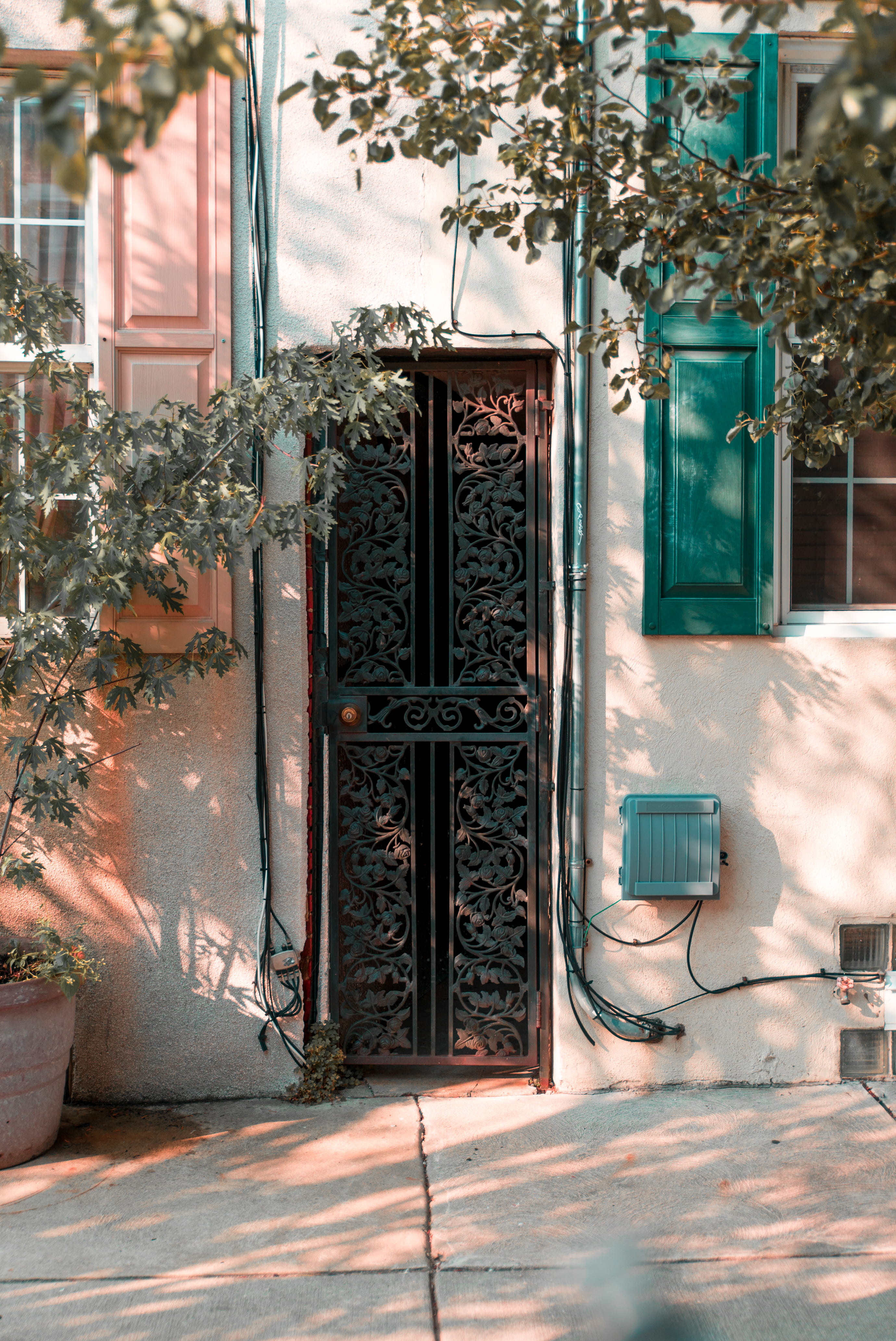 beige, outdoors, house, new, metal, 4K, plant, architecture, iron, salmon, tree, brown, ornate door, green, close, city, foliage, cutout, no people, sunlight, Phone HD Wallpaper