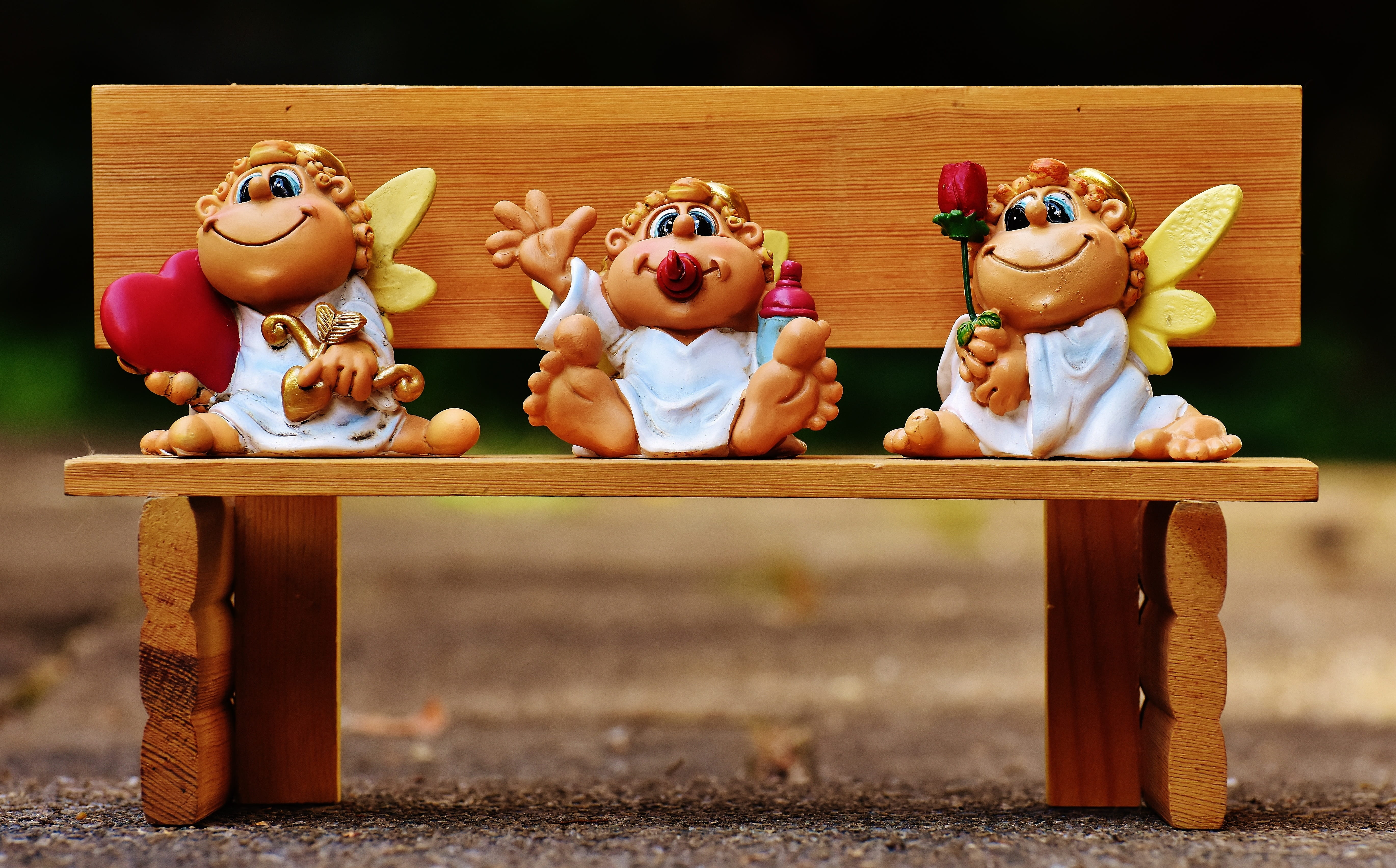 little angel, wooden, celebration, small, photo, bench, indoors, sitting, three, figures, table, angel, food and drink, toy, bank, representation, group of objects, HD Wallpaper