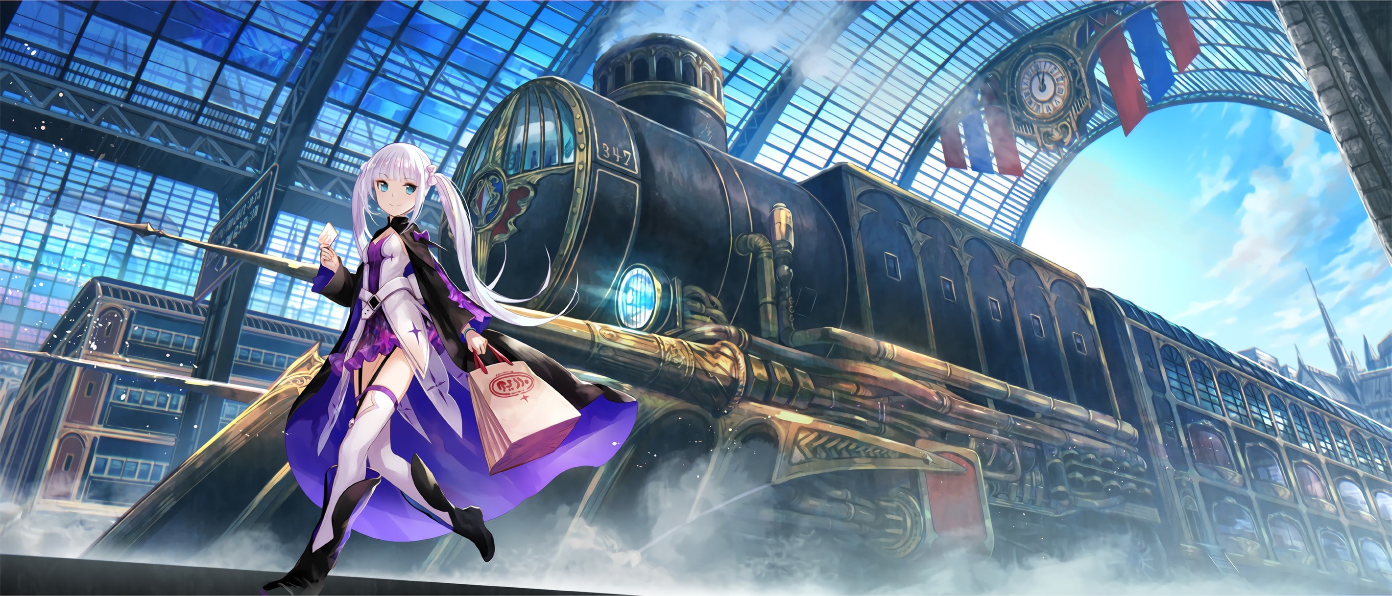 low angle view, 2K, young adult, outdoors, purple, representation, cleavage, architecture, anime, adult, human representation, built structure, building exterior, HD Wallpaper