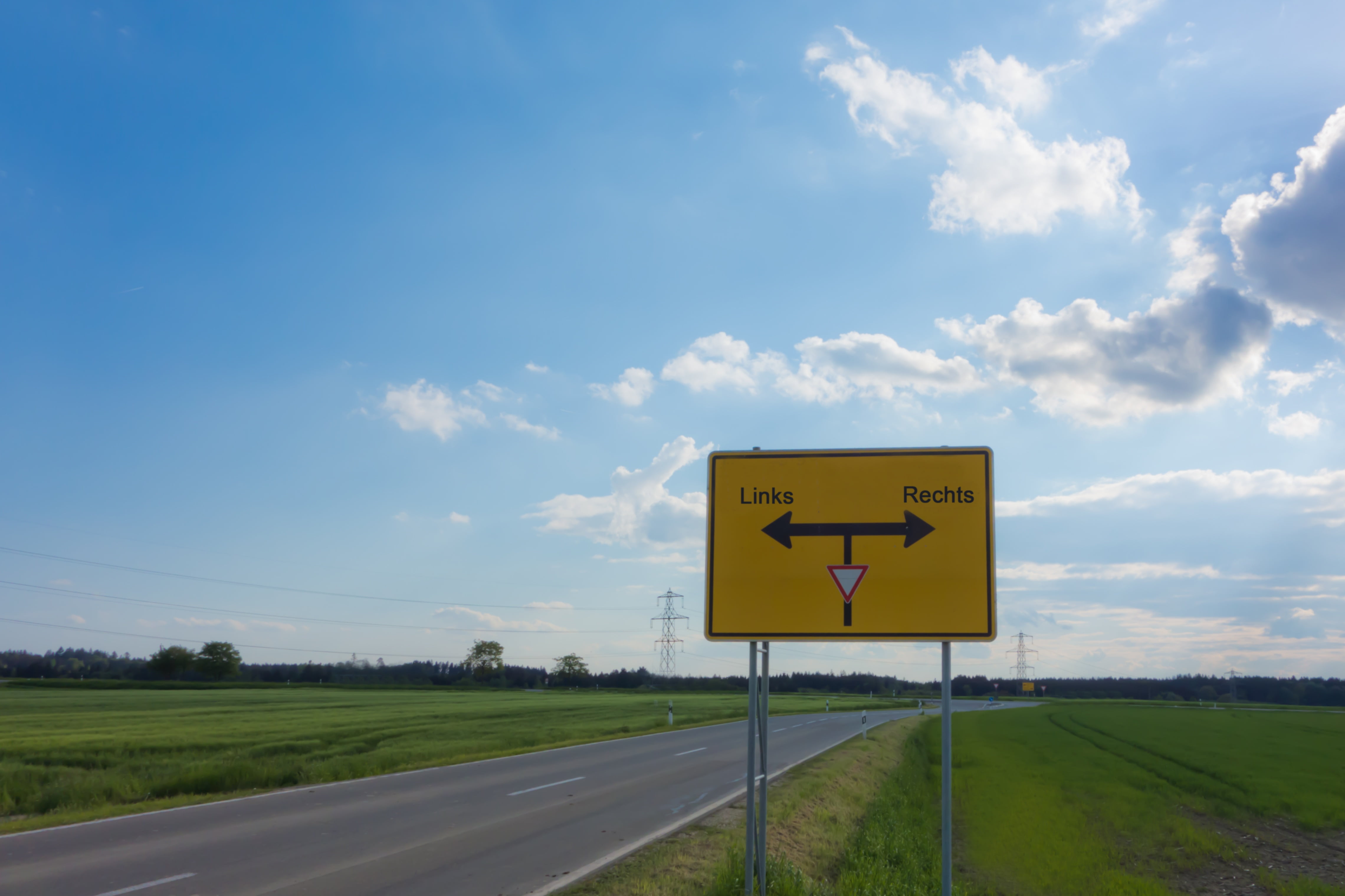 4K, symbol, yellow, junction, contradictory, day, sign, transportation, arrow symbol, landscape, no people, direction, guidance, communication, funny, HD Wallpaper