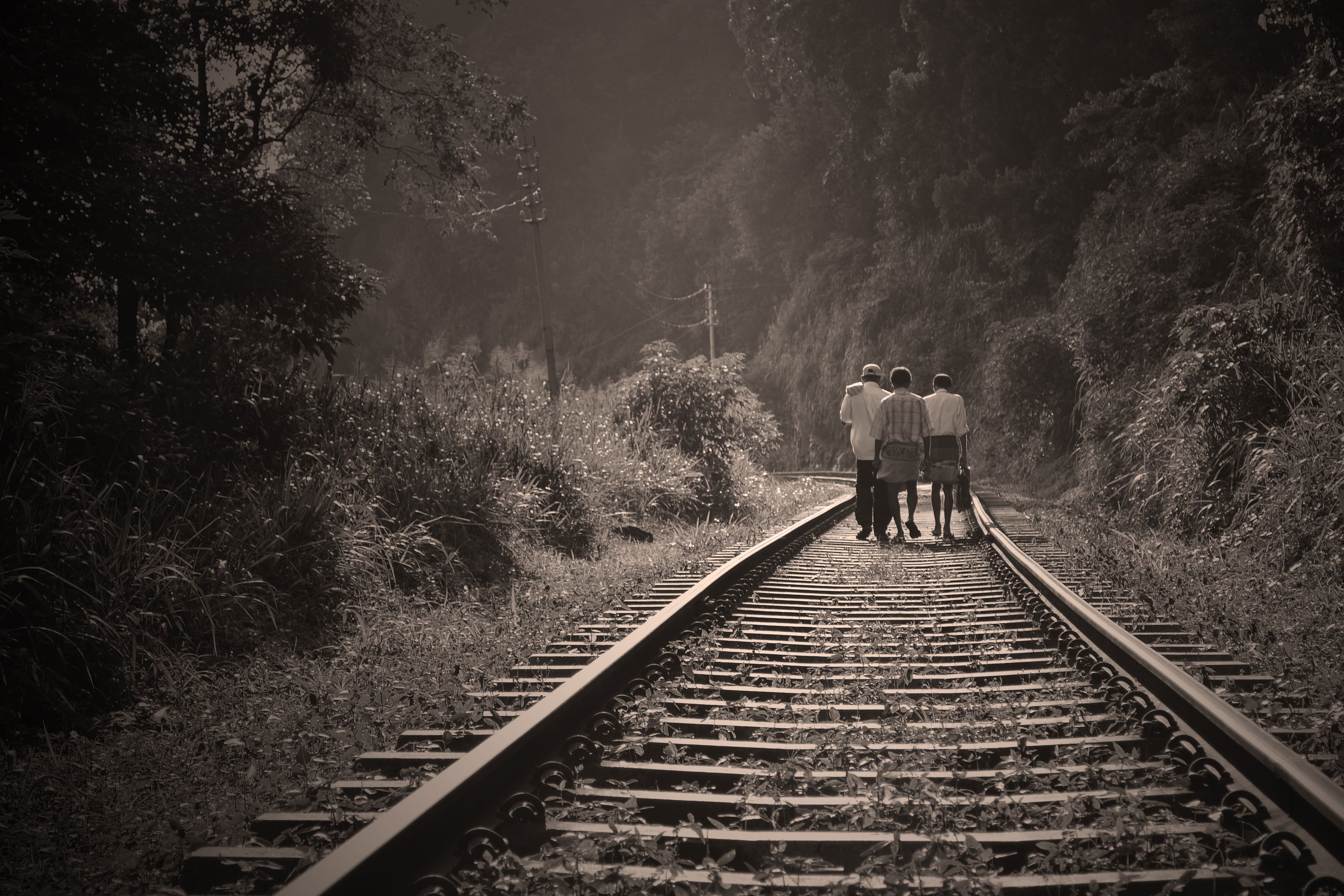 ceylone, evening, walking, the way forward, sun set, train, lifestyles, adult, two people, persons, diminishing perspective, real people, employees, railway, HD Wallpaper
