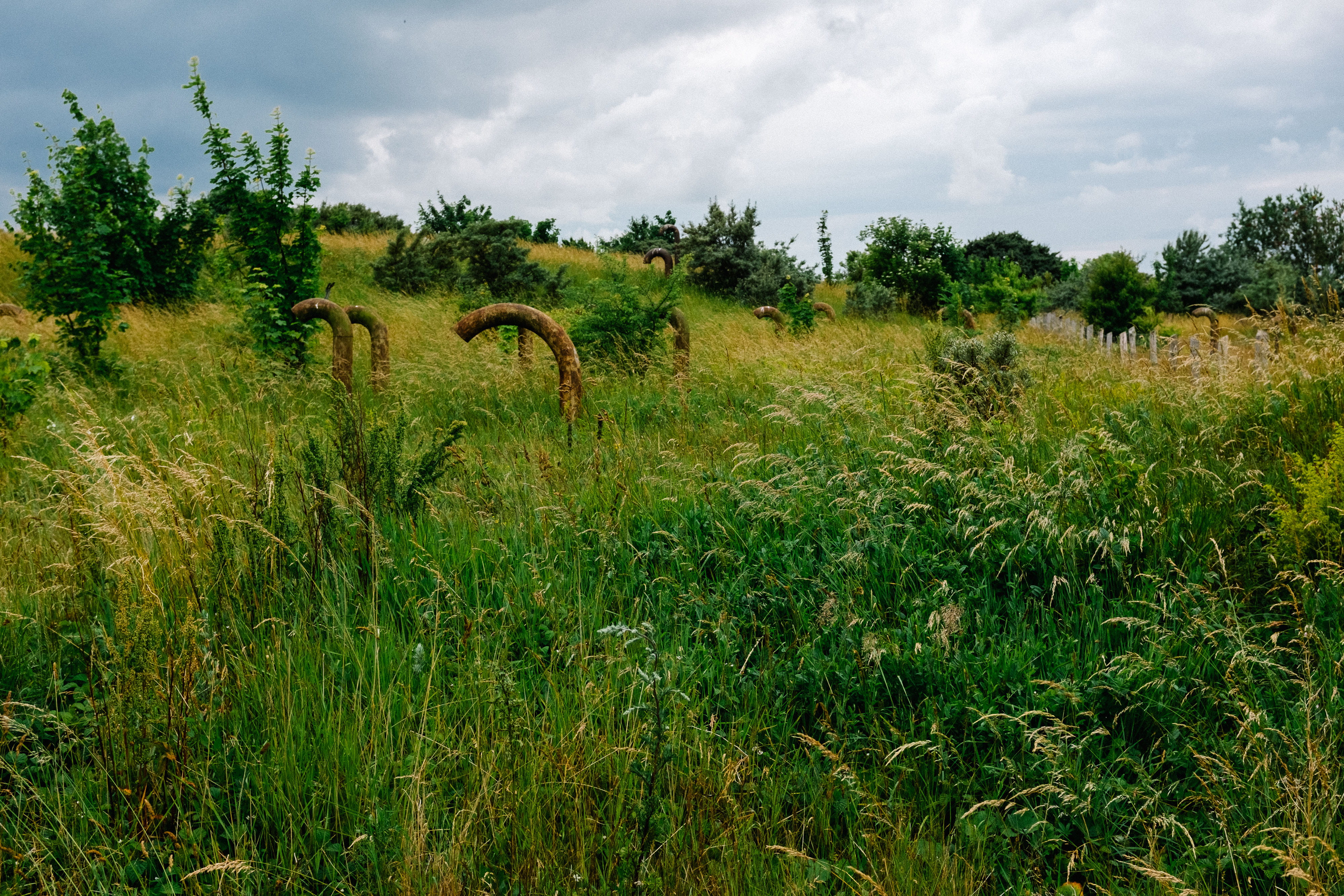 land, pipes, ruegen, germany, duct, horizontal, tree, cape, no people, cloud - sky, tranquil scene, ventilation, rust, 4K, green, g, horizon, grass, museum, HD Wallpaper