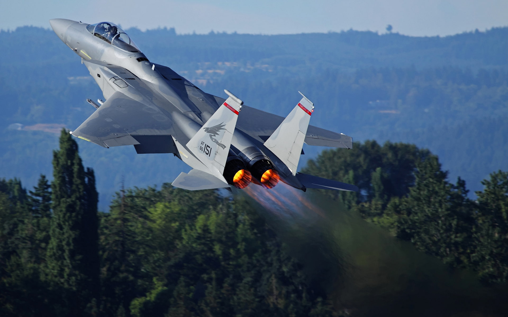 mcdonnell, flames, flight, force, aircraft, hills, fire, plane, airplanes, vehicles, 1080P, weapon, fly, miliatry, eagle, douglas, air, trees, exhaust, HD Wallpaper
