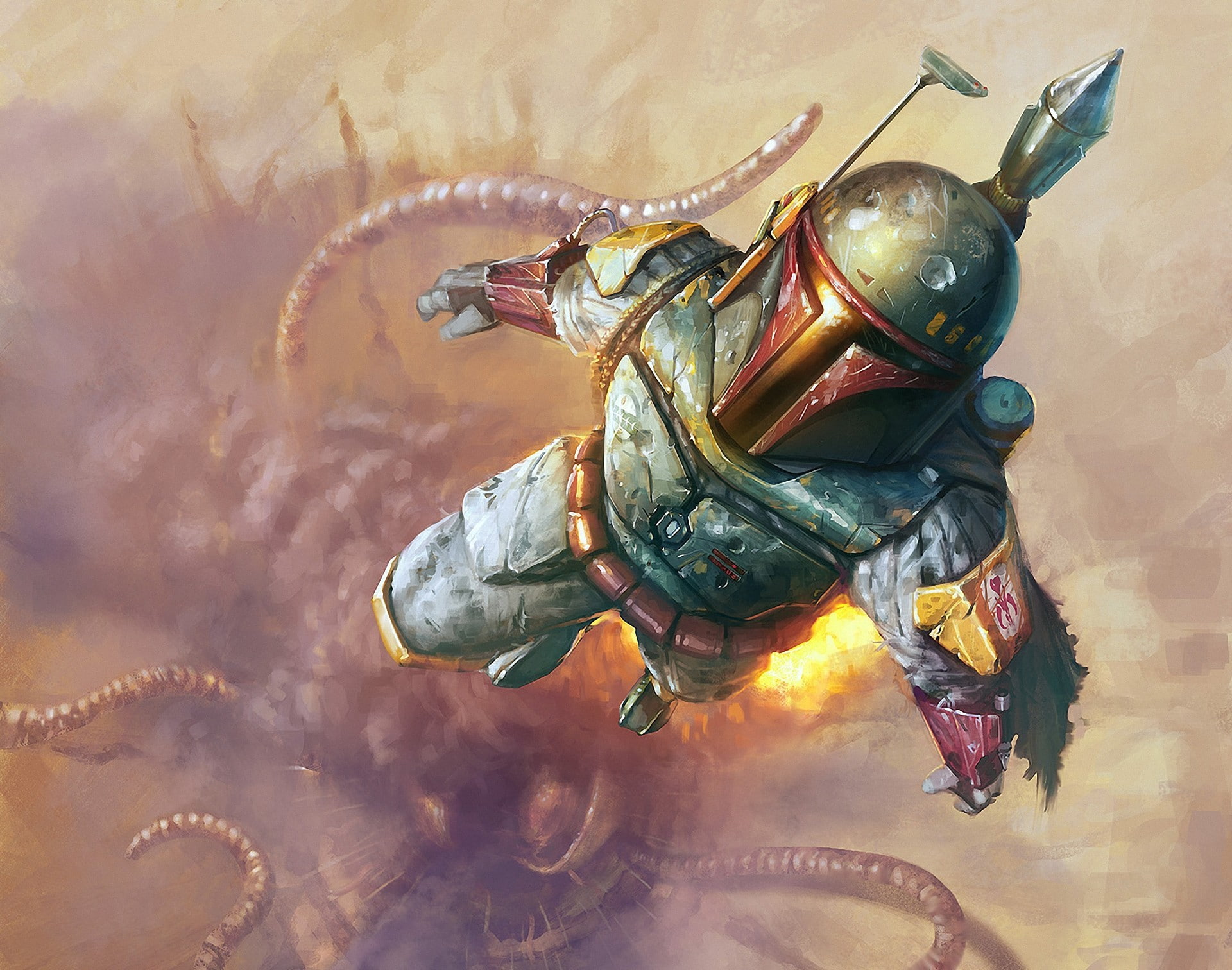 flight, Star Wars, art, 1080P, weapons, Boba Gains, tentacles, helmet, HD Wallpaper