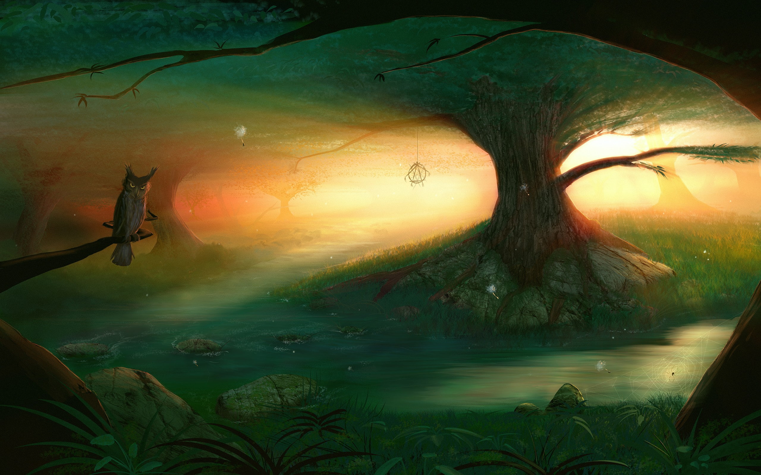 plants, green, forest, sunlight, branch, fantasy art, spider, 2K, animals, owl, digital art, nets, river, trees, HD Wallpaper