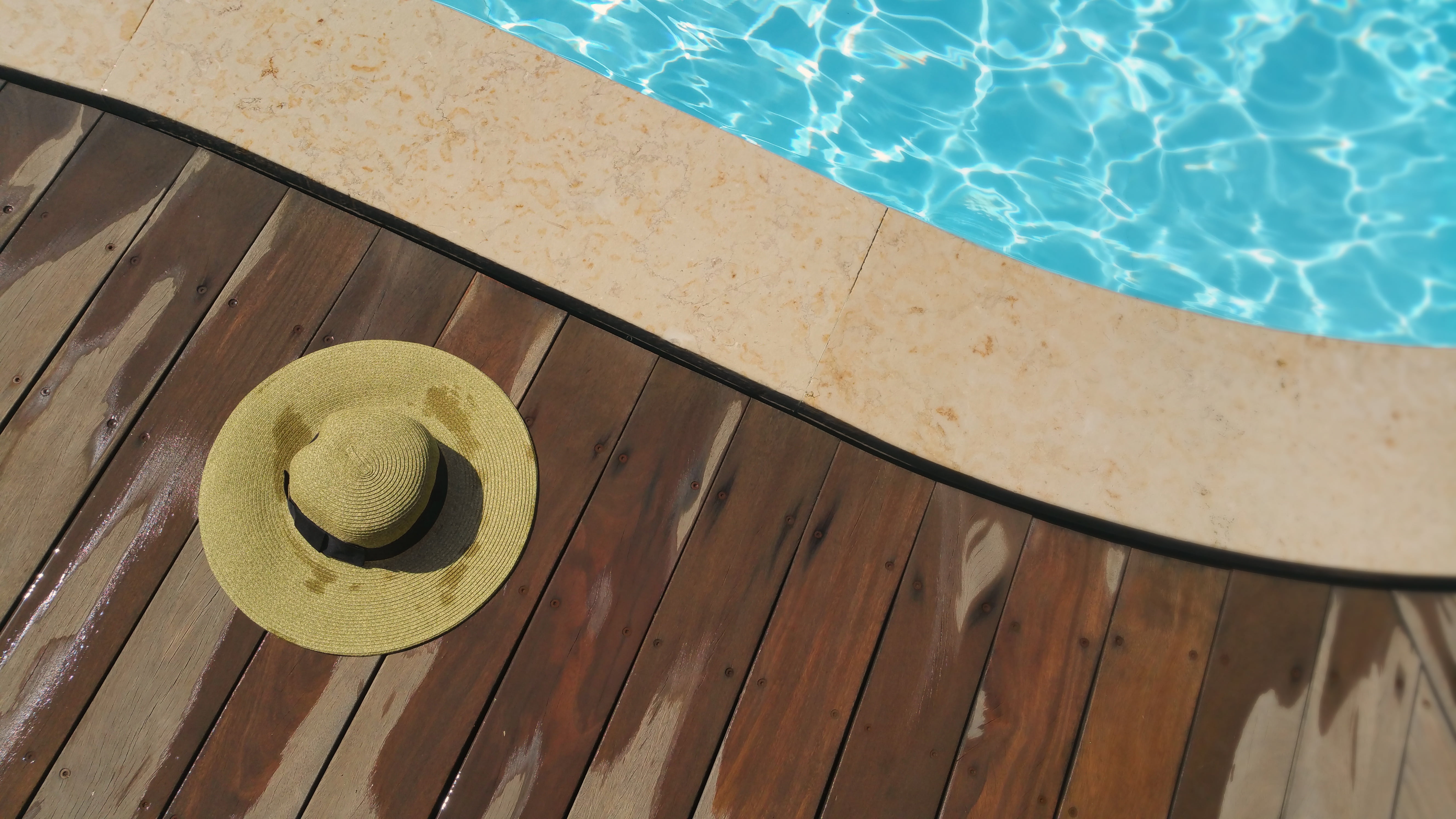 hat, nature, chair, outdoors, poolside, relaxation, still life, beside, vacant, swimming pool, close-up, wooden, vacation, summer, relaxing, day, floor, HD Wallpaper