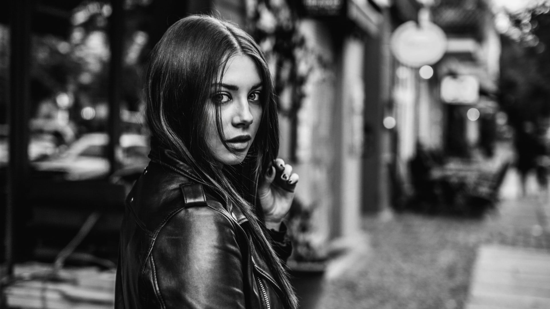 open mouth, portrait, 1080P, leather jackets, depth of field, real people, lifestyles, focus on foreground, contemplation, outdoors, looking at camera, HD Wallpaper