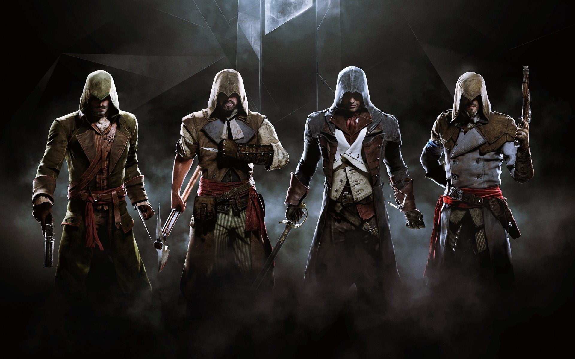 1080P, males, male likeness, men, teamwork, armed forces, gun, human representation, weapon, clothing, art and craft, mid adult men, helmet, Assassins Creed:  Unity, HD Wallpaper