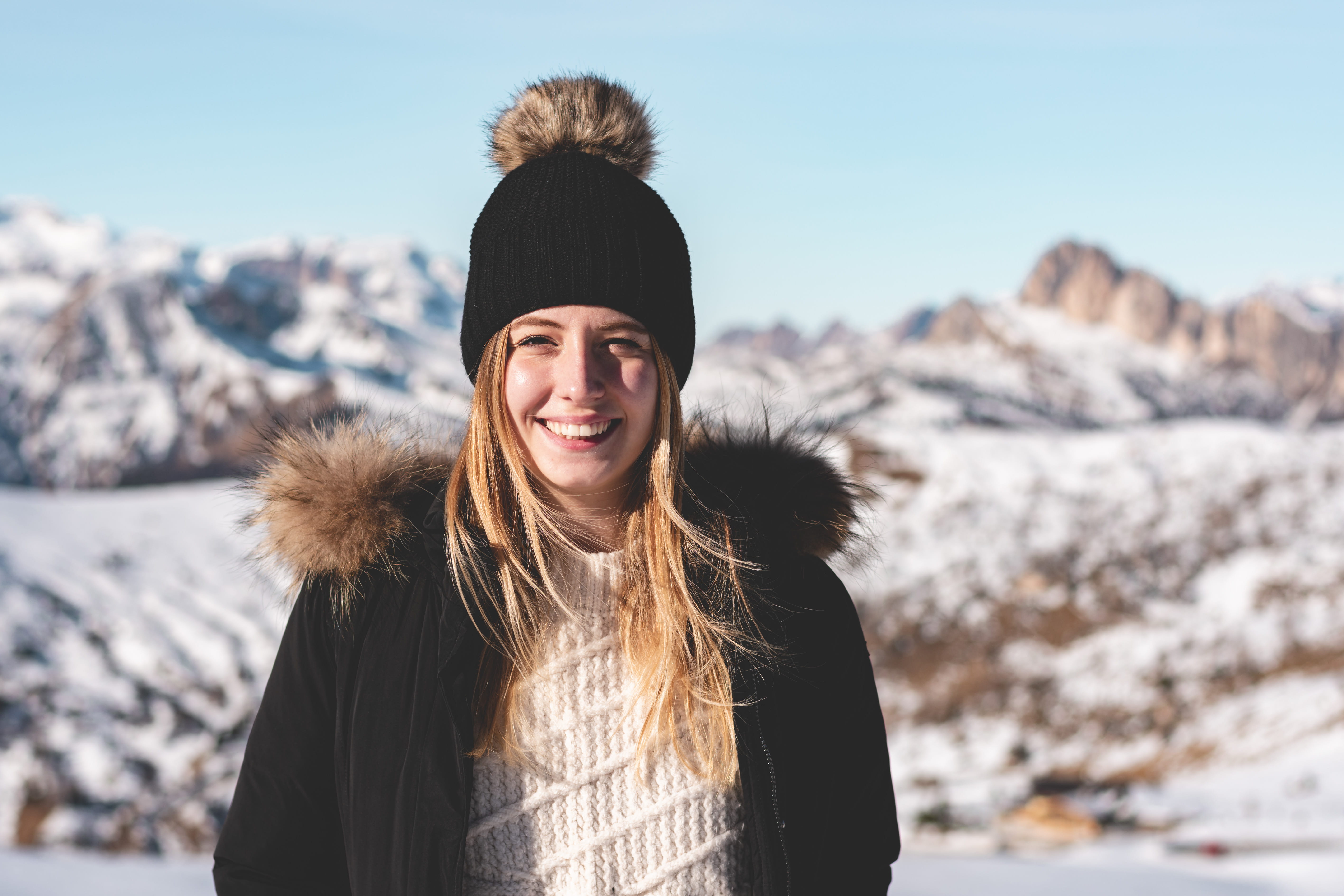 clothing, front view, beanie, hat, human, photo, mountain, portrait, 5K, brown, parka, cold temperature, photography, woman, winter, knit hat, snow, real people, HD Wallpaper