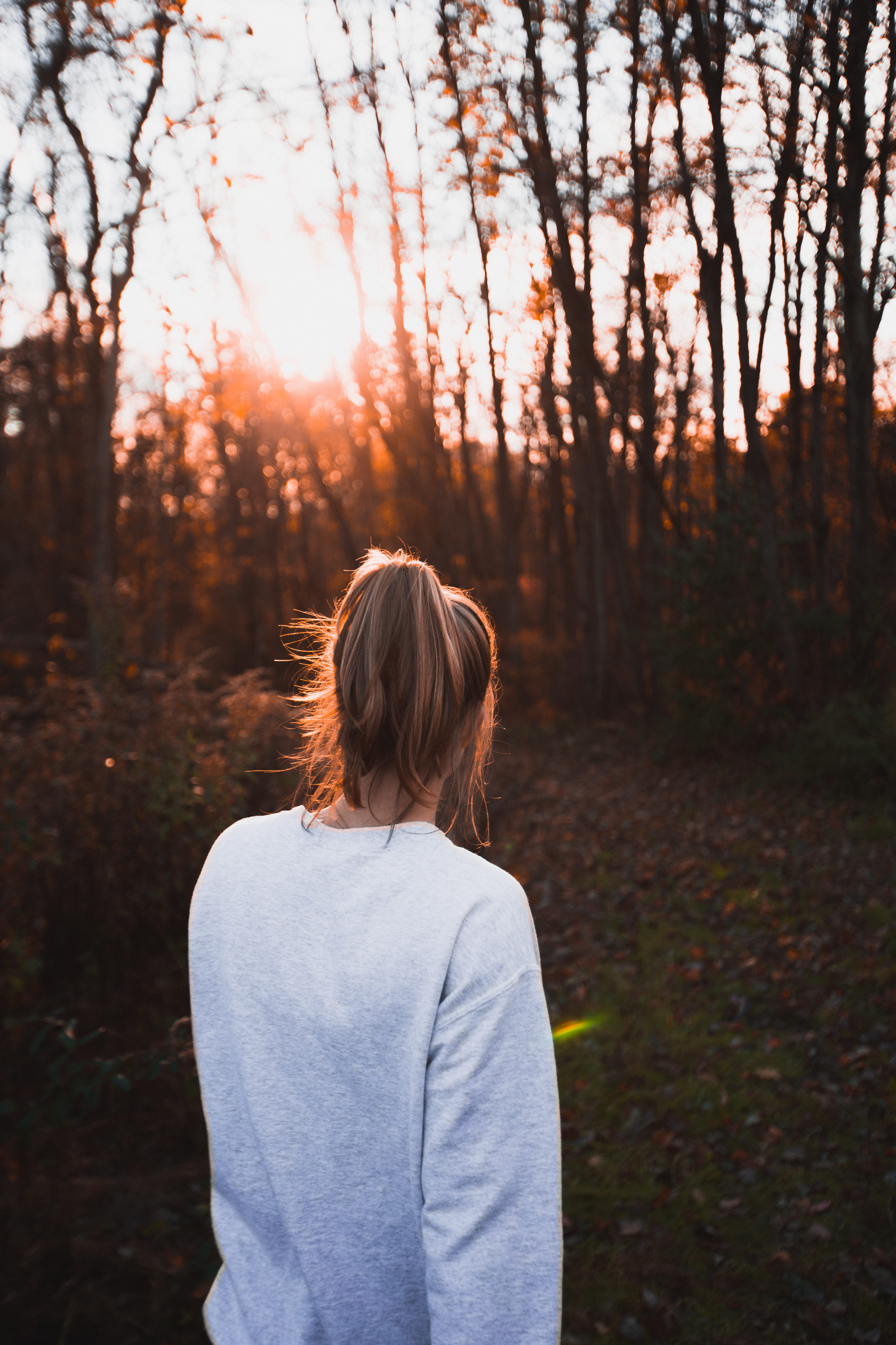 land, human, facing, hairstyle, leisure activity, light, 5K, woodland, women, beauty in nature, standing, waist up, rear view, long sleeve, one person, Phone HD Wallpaper
