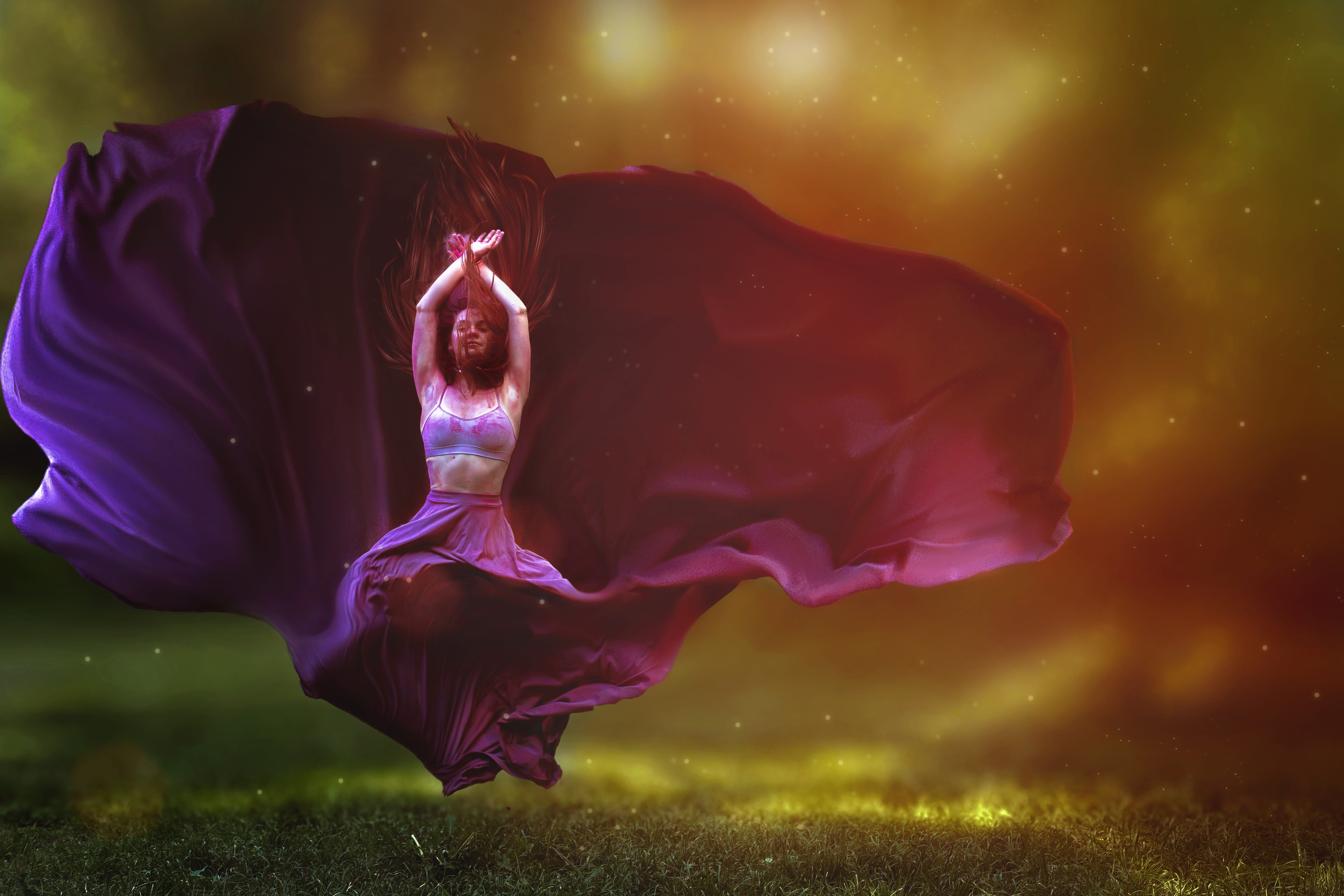 5K, skirt, woman, beautiful woman, field, jump, land, sky, clothing, outdoors, nature, fashion, hands, adult, going, night, raising, beauty in nature, HD Wallpaper