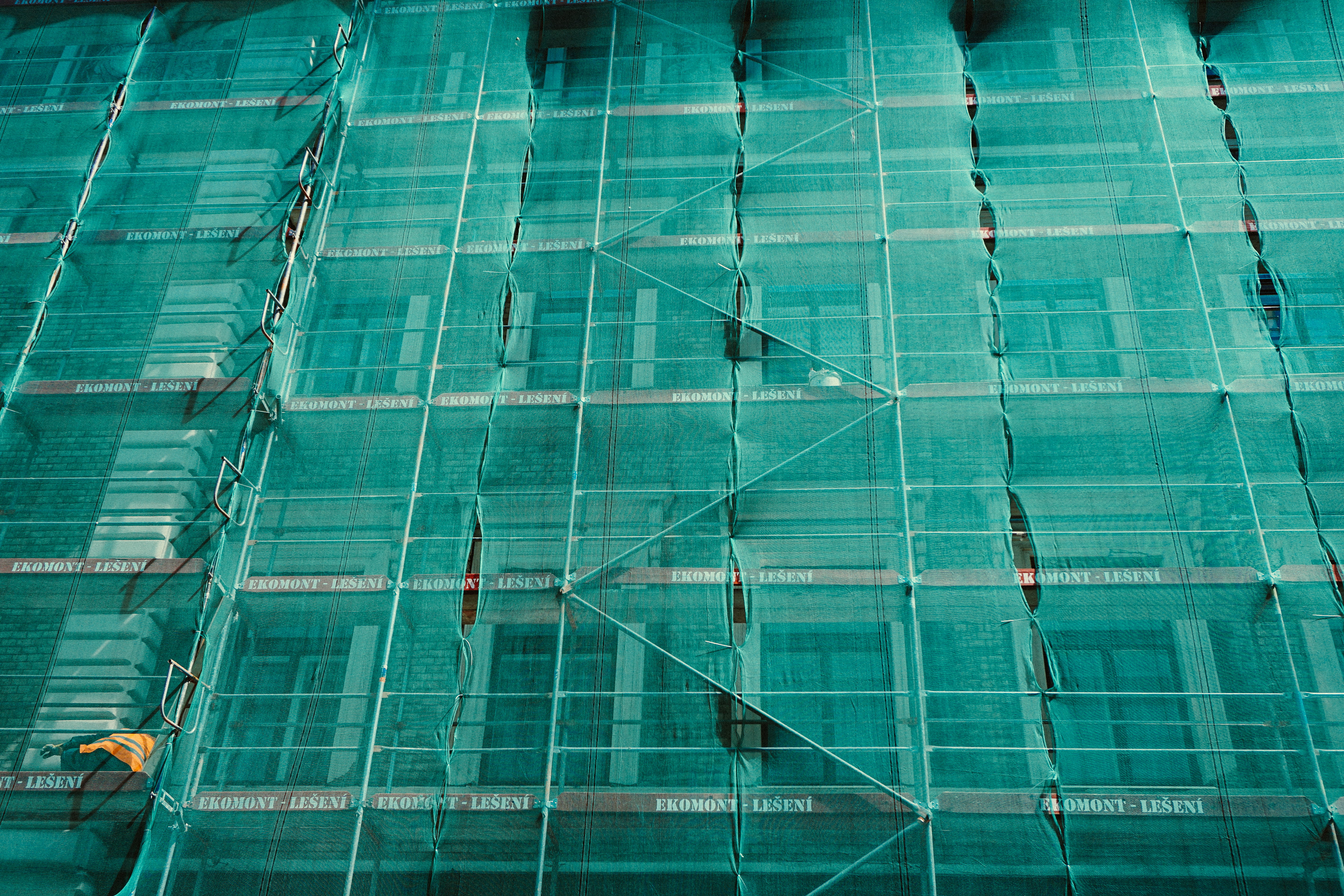 scaffold, pool, reflection, day, netting, construction industry, construction, covered, full frame, scaffolding, low, window, blue, development, construction site, HD Wallpaper