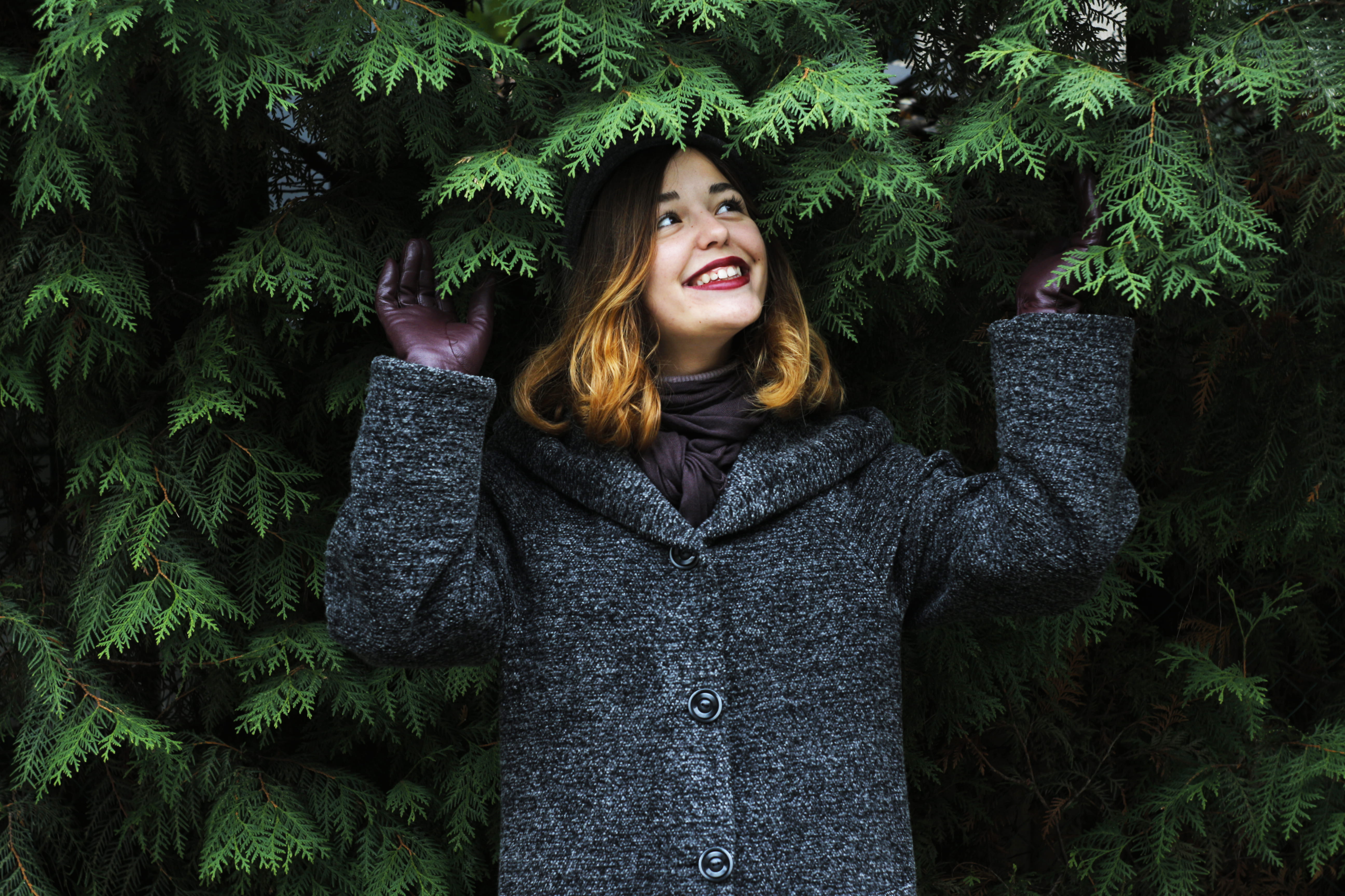 beautiful, lifestyles, hair, upward, hairstyle, long hair, females, woman, adult, caucasian Ethnicity, nature, winter, front, tree, green plants, beauty, HD Wallpaper