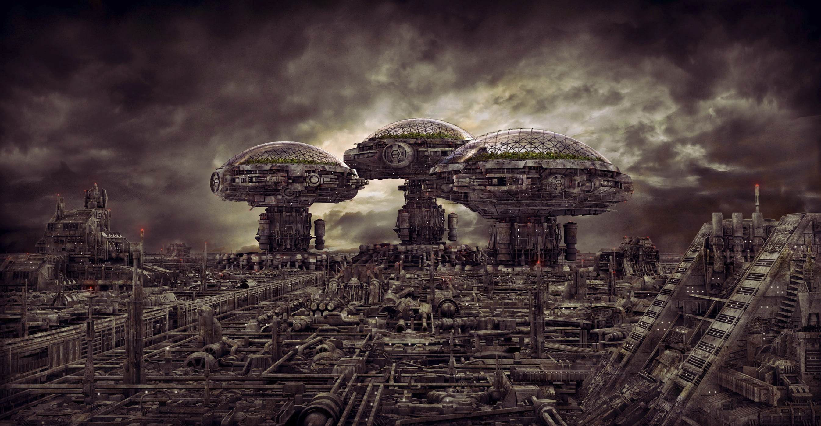 cityscape, Apocalypse, building Exterior, tourism, uFO, cloudscape, 2K, space Travel Vehicle, nature, tower, sky, europe, ominous, city, the past, iron, HD Wallpaper
