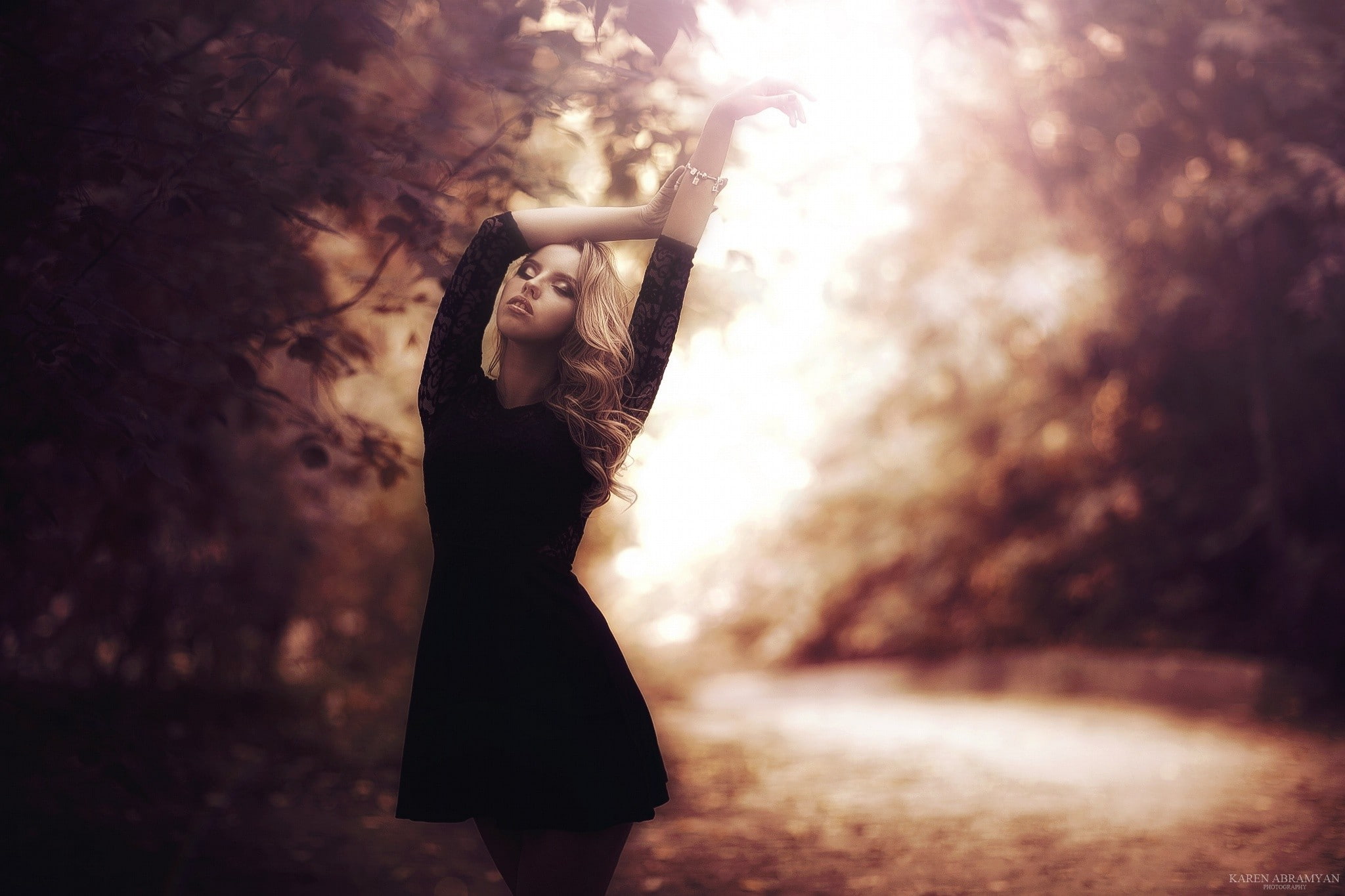 fall, plants, women, brunette, blonde, 1080P, Karen Abramyan, hands on head, model, looking away, photography, black dress, road, pink lipstick, HD Wallpaper